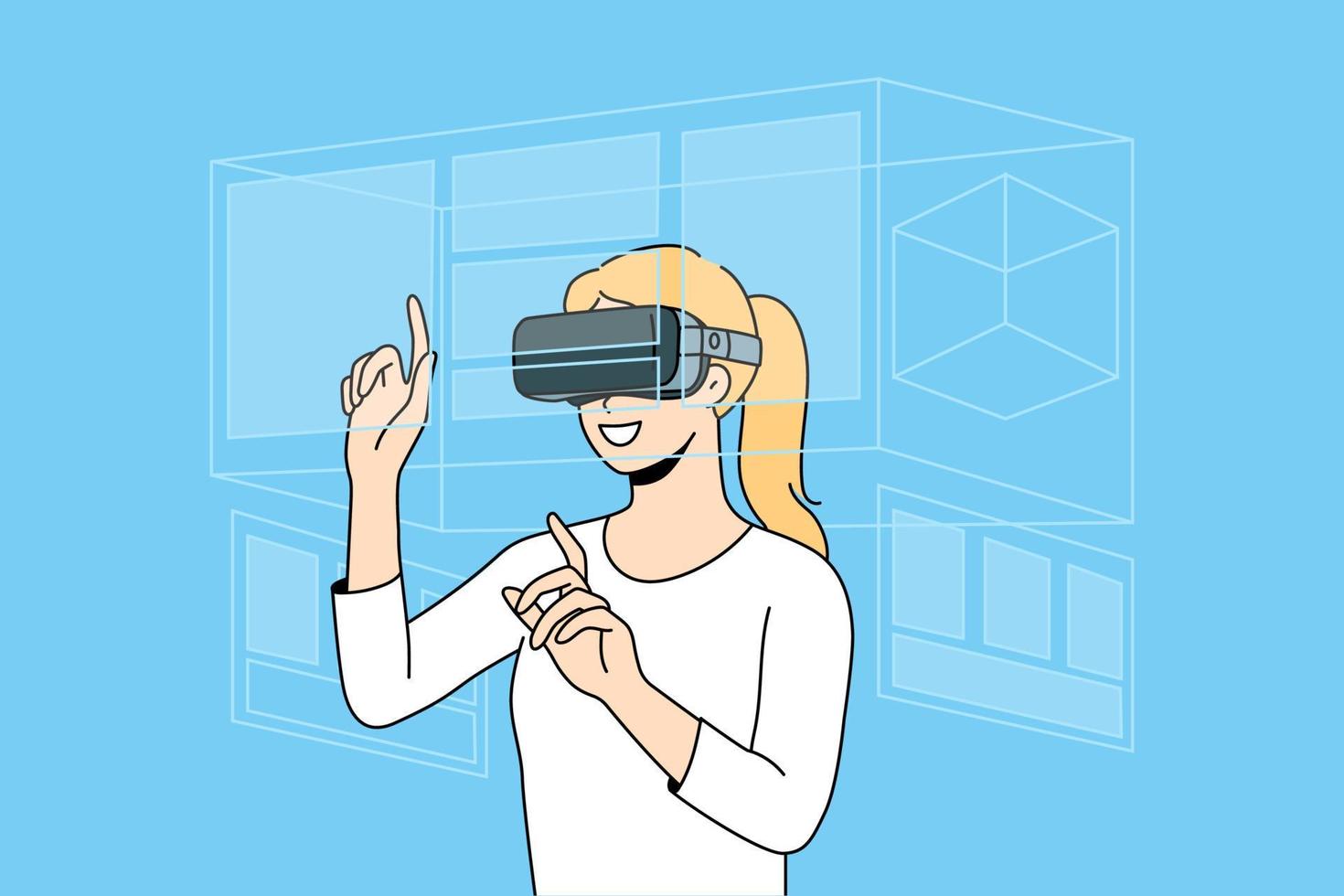 mujer feliz en gafas vr explorar los alrededores. Una clienta sonriente con gafas de realidad virtual se divierte y disfruta de la nueva tecnología moderna. ilustración vectorial vector