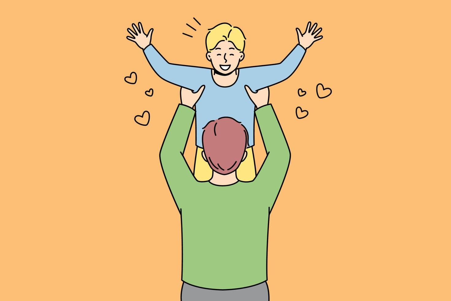 Happy father holding in arms playing with excited small son. Loving dad have fun on weekend with smiling child. Fatherhood and parenthood. Vector illustration.