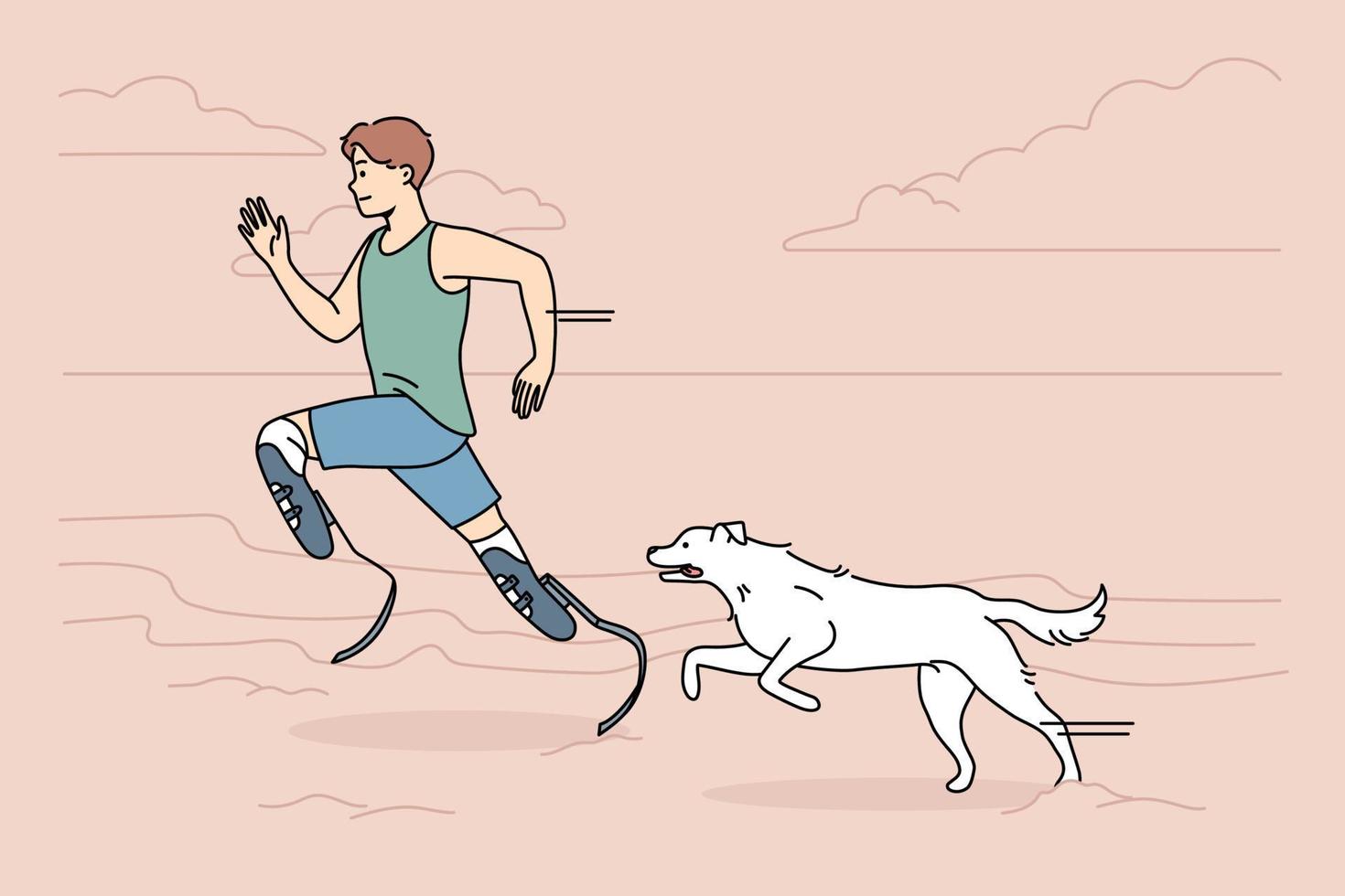 Athlete with prostheses running with dog on beach. Man with prosthetic legs training jogging with pet outdoors. Sport and disability. Vector illustration.