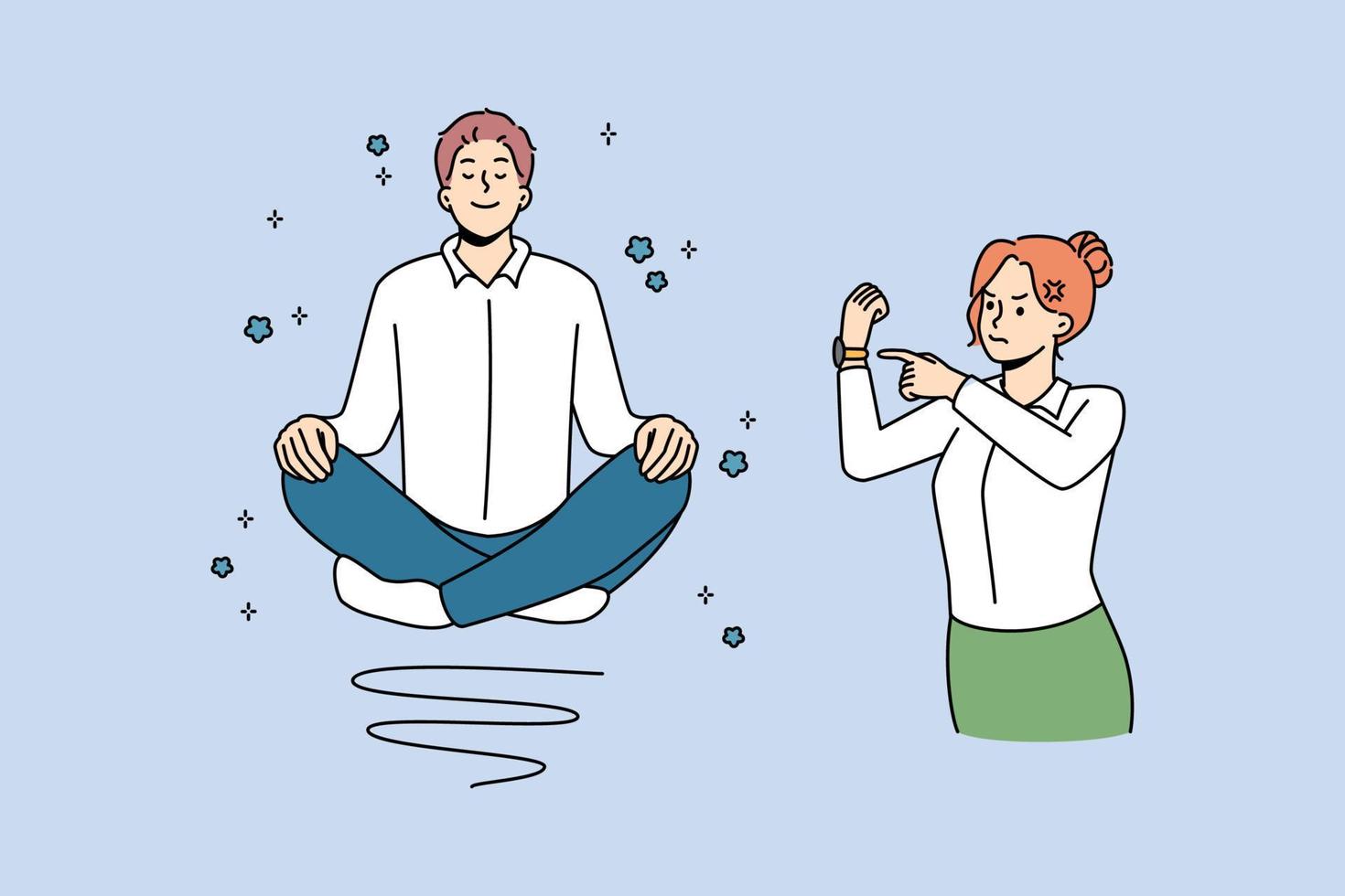 Calm man meditate at work, angry boss stressed about deadline. Relaxed and distressed employees at workplace. Time management. Vector illustration.
