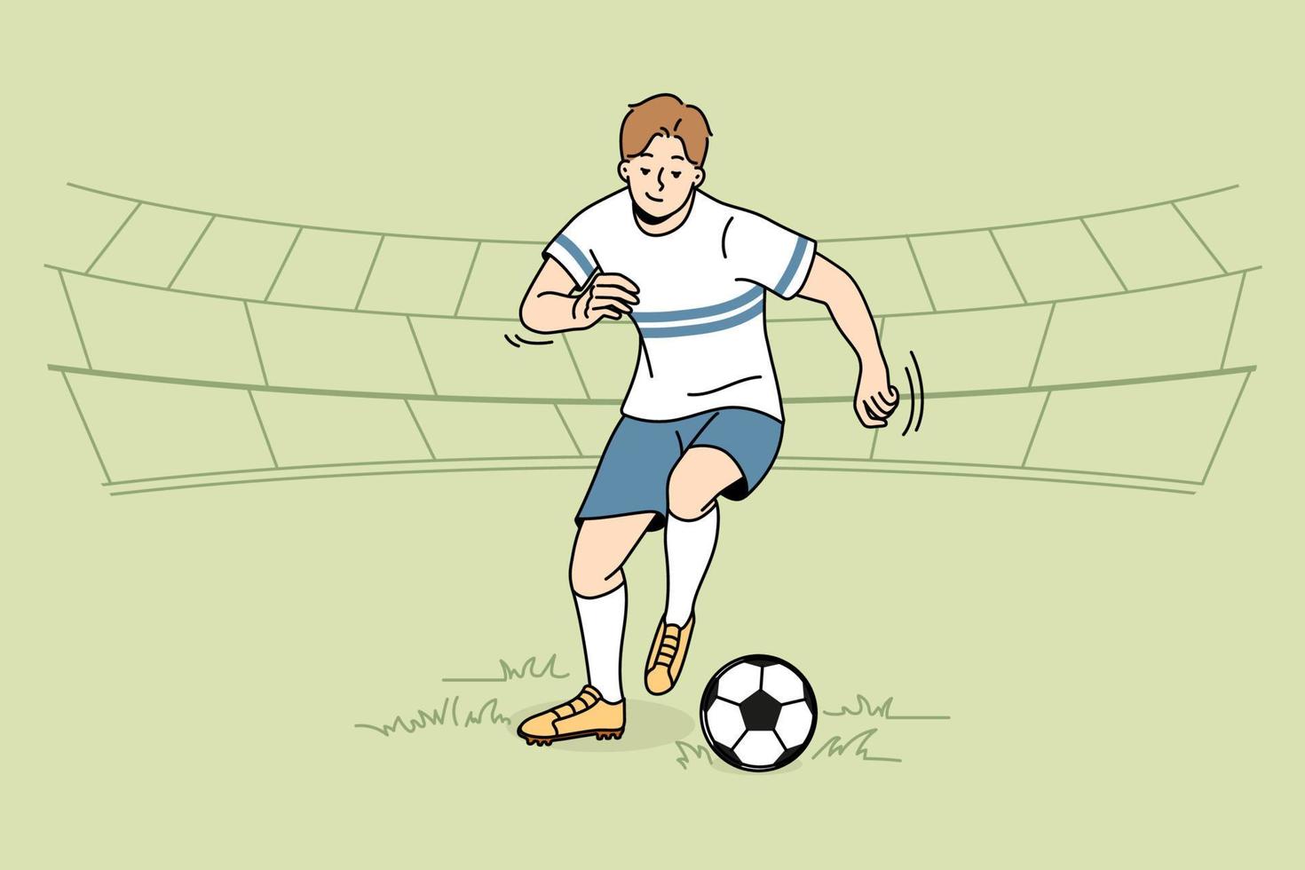 Professional football player with ball on field. Young man engaged in game. Sportsman training outdoors. Vector illustration.