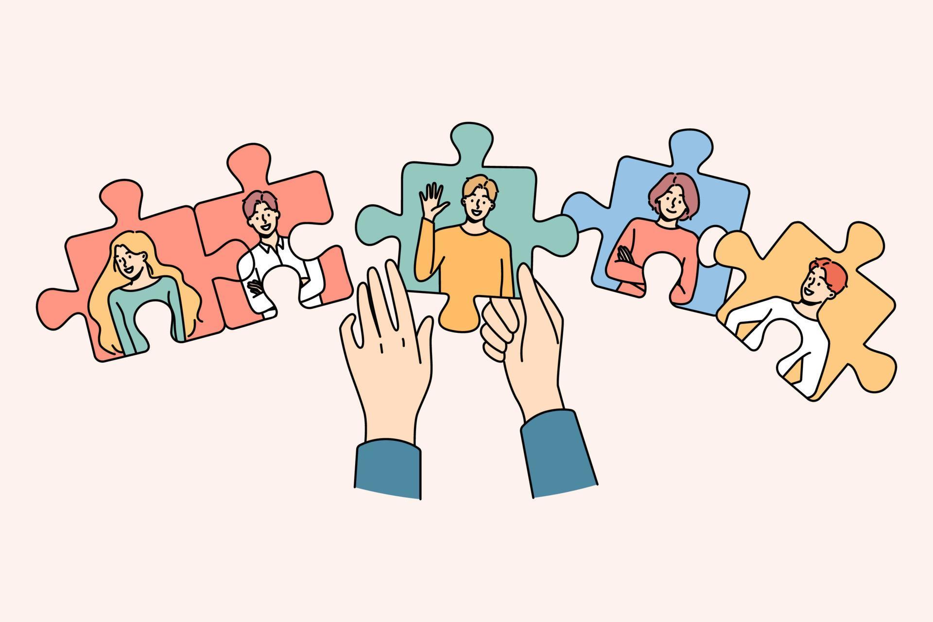 Hands joining jigsaw puzzles with employees engaged in employment and