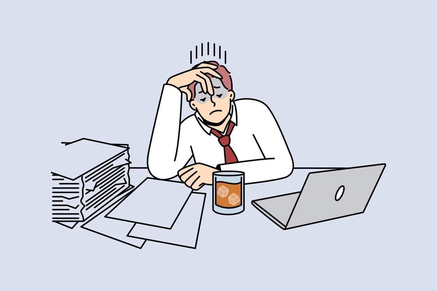 Tired businessman with glass of whiskey on table suffer from job burnout. Male journalist or editor feel stressed overwhelmed with work. Vector illustration.