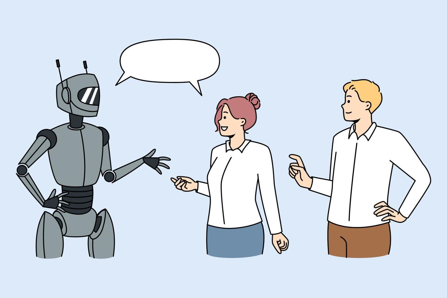 gente hablando con un robot moderno. los clientes o usuarios se comunican con humanoides o chatbots y obtienen ayuda. ai y concepto de tecnología. ilustración vectorial vector