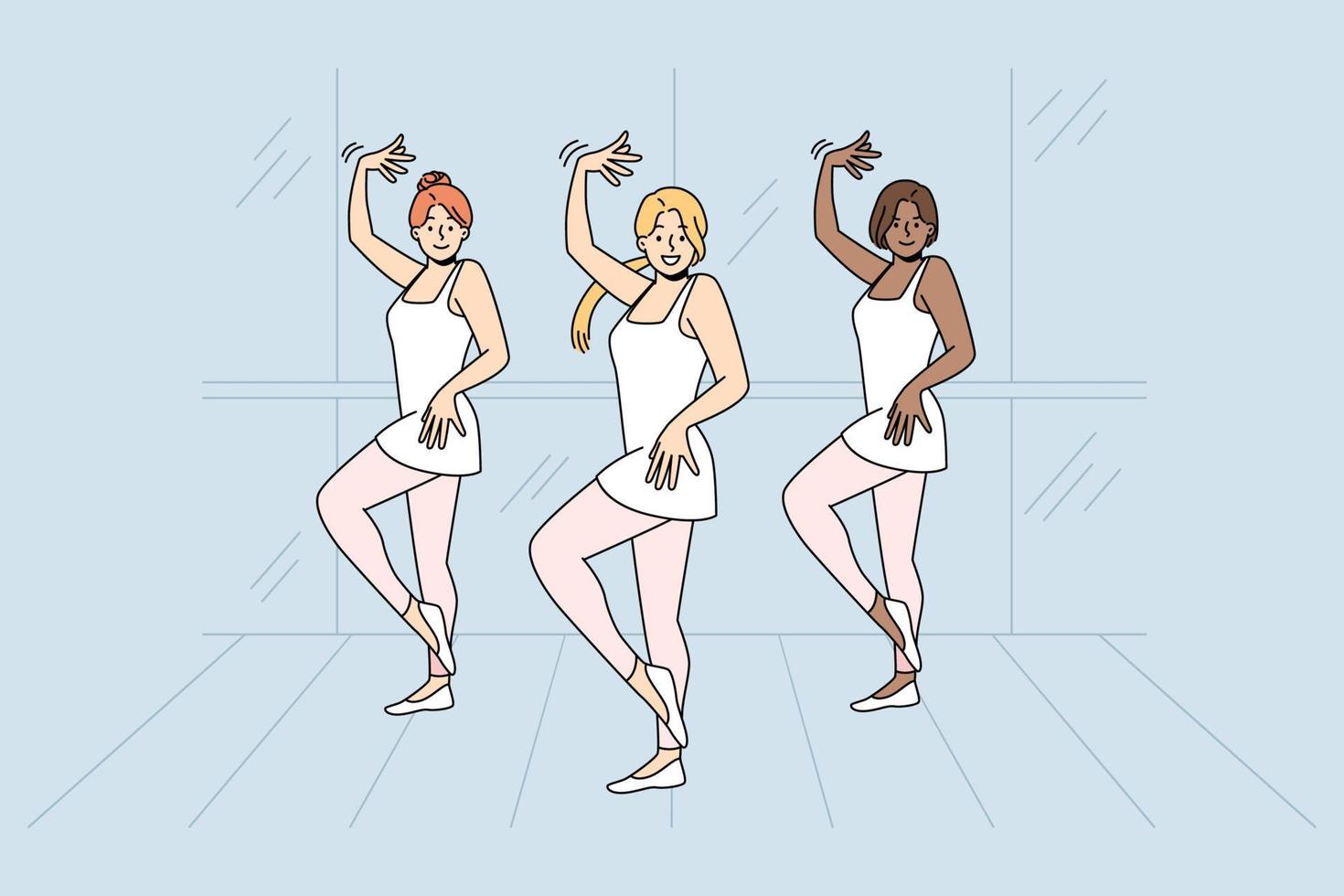 Girls in ballet dresses rehearse together indoors. Diverse ballerinas dancing performing on stage. Hobby concept. Vector illustration.