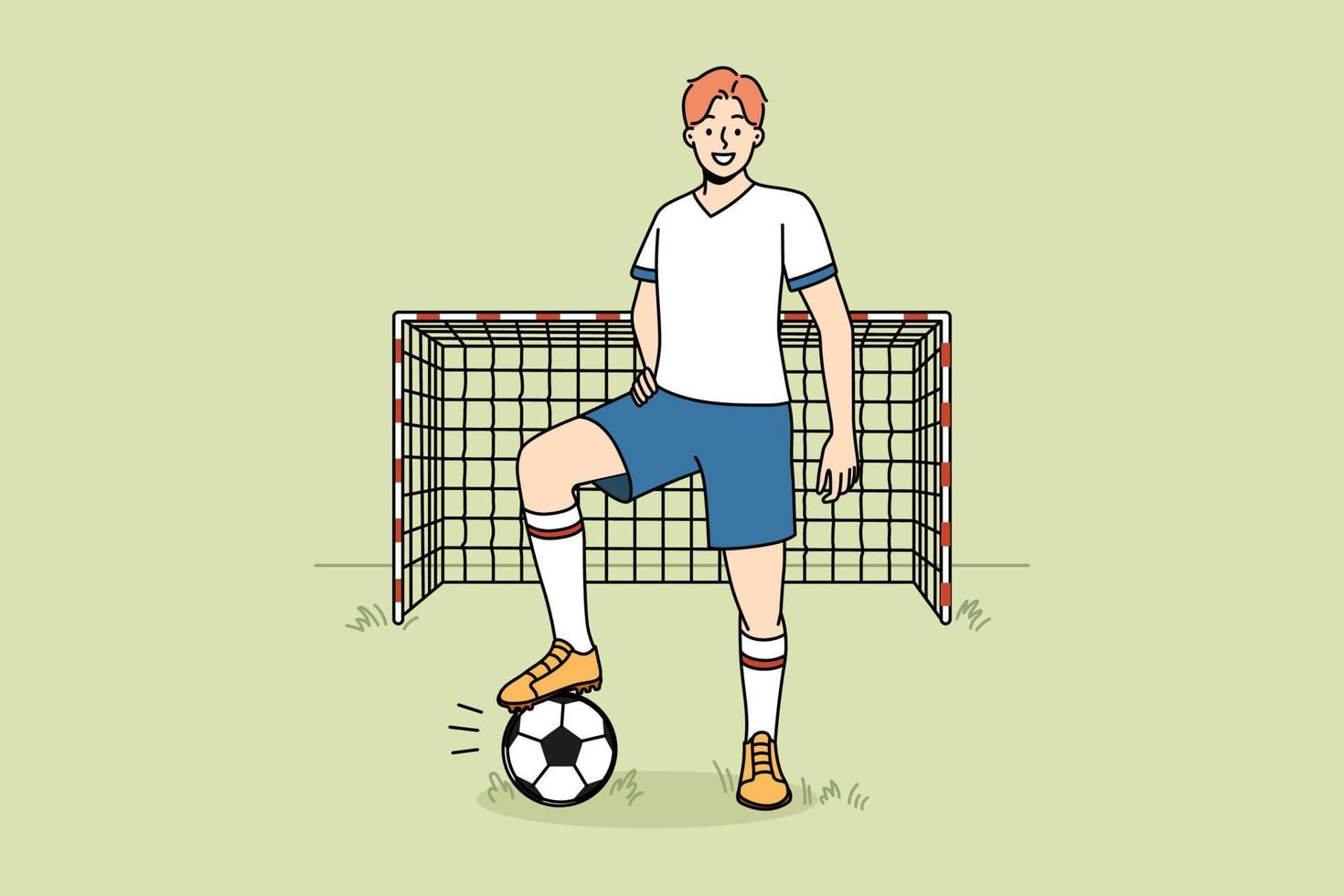 Smiling goalkeeper in uniform standing on field. Happy man player with ball playing football outdoors. Sport and hobby. Vector illustration.