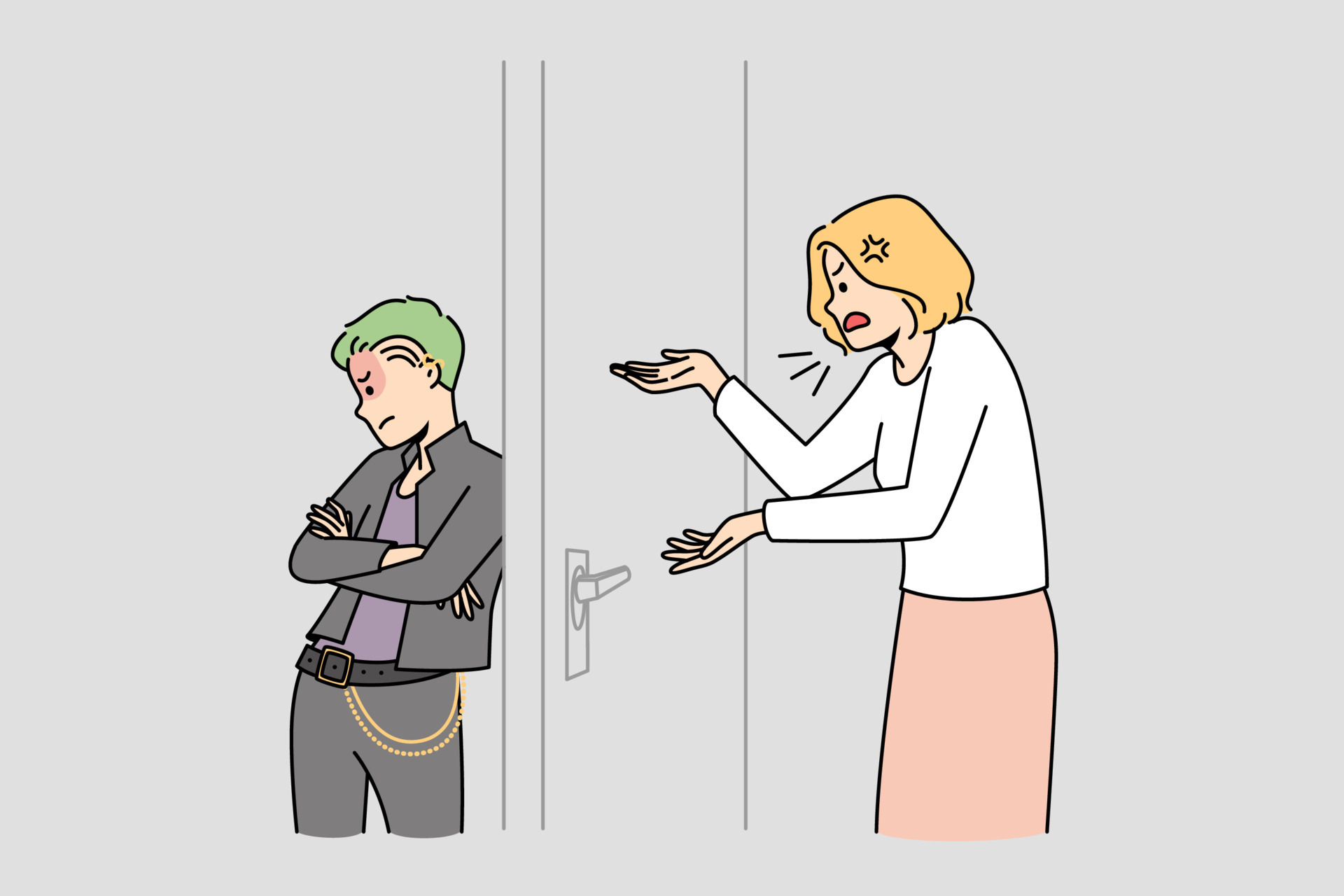 Angry mother talking to teen goth child locked in room. Parent children