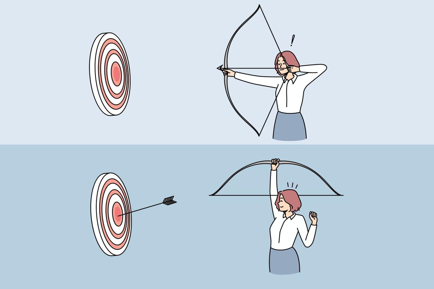 Woman with bow and arrows shooting target. Successful businesswoman win reach business achievement or goal. Success and accomplishment. Vector illustration.