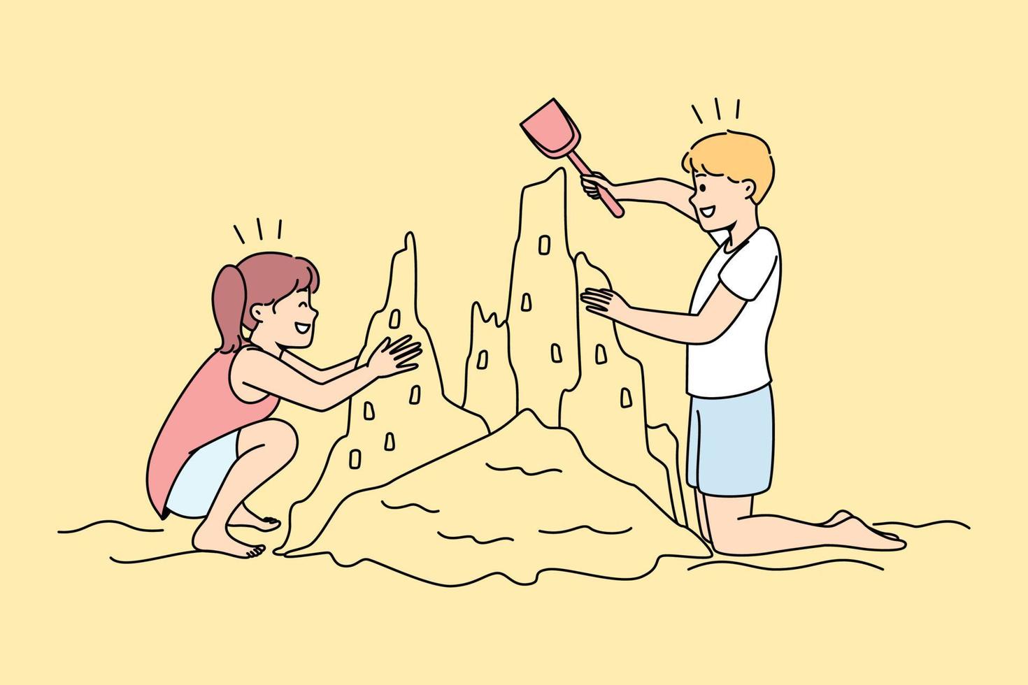 Happy kids building sand castle on beach. Smiling children have fun playing on seashore on summer vacation. Vector illustration.