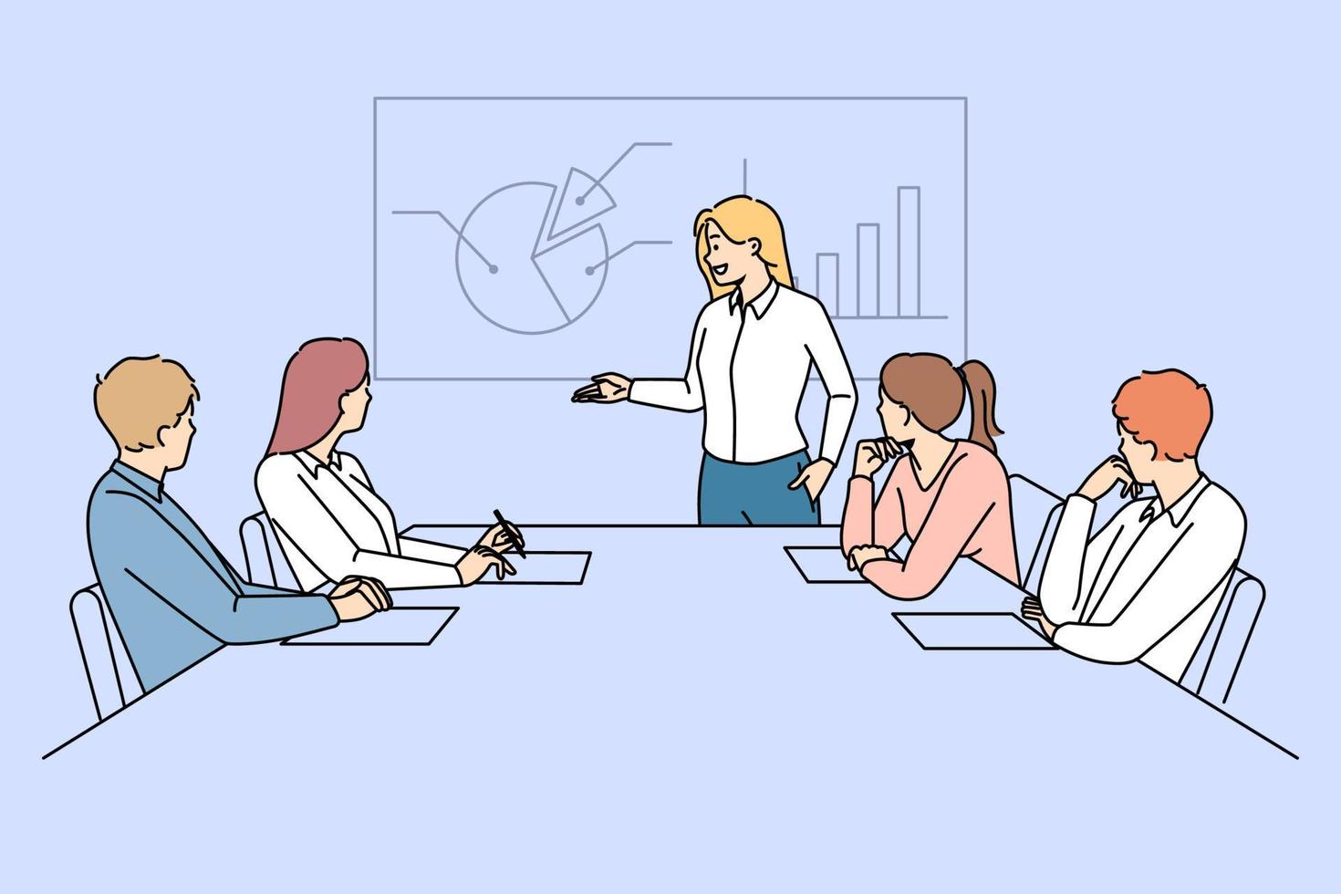 Businesswoman make presentation for colleagues in office meeting. Successful woman leader present financial project for employee. Teamwork and leadership. Vector illustration.