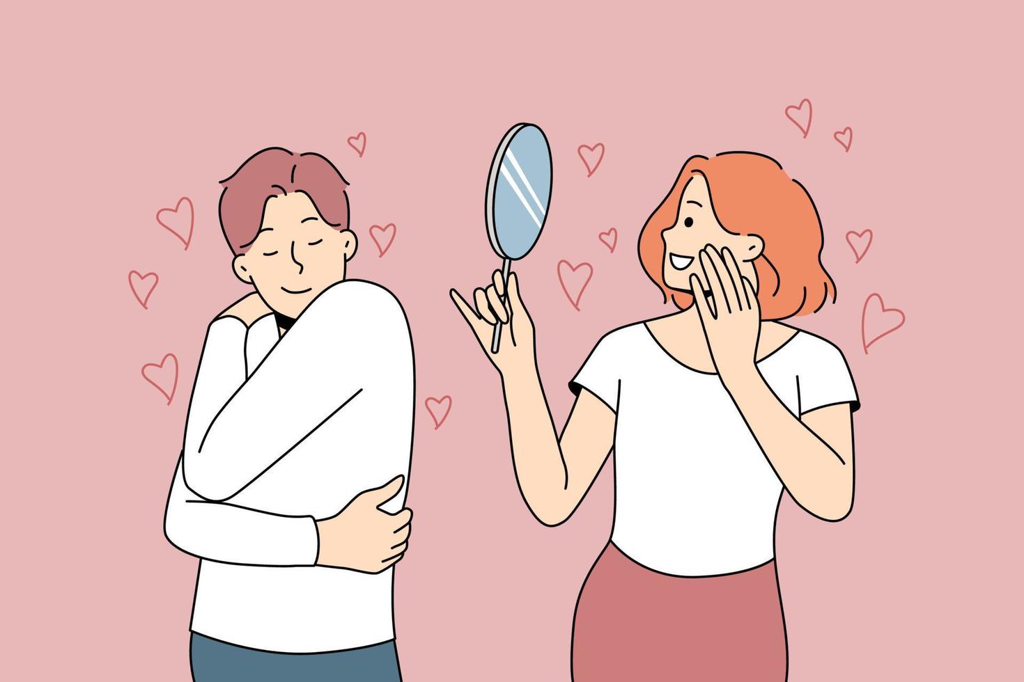 Happy people looking in mirror or hug themselves showing self-love and admiration. Man and woman loving inner beauty. Vector illustration.