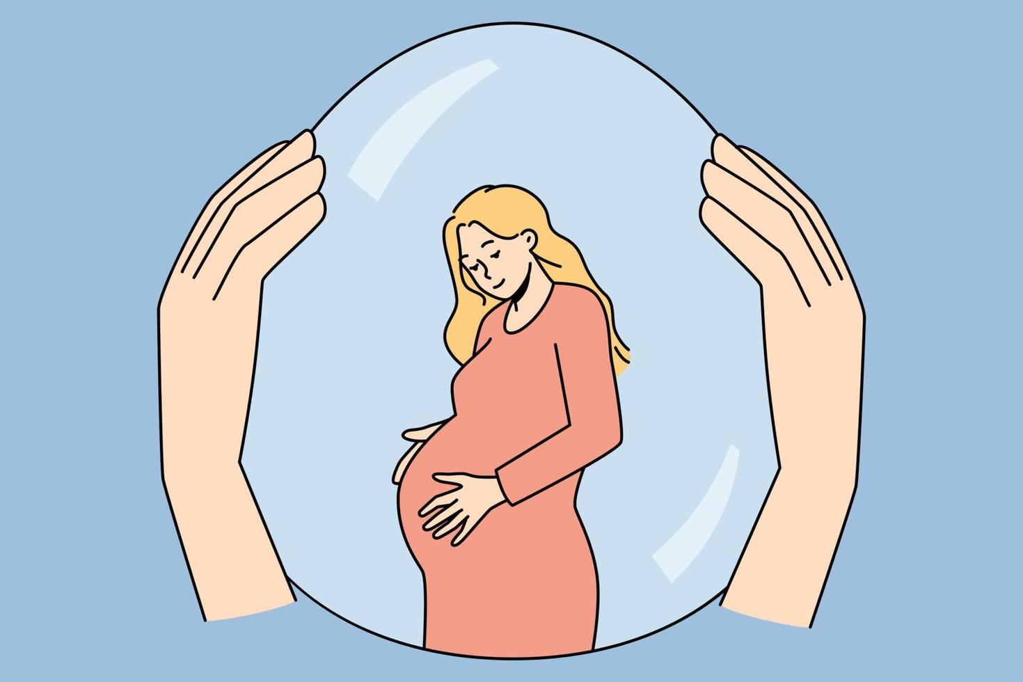 Hands holding pregnant woman in safety bubble. Female with belly protected from society. Motherhood and pregnancy concept. Vector illustration.