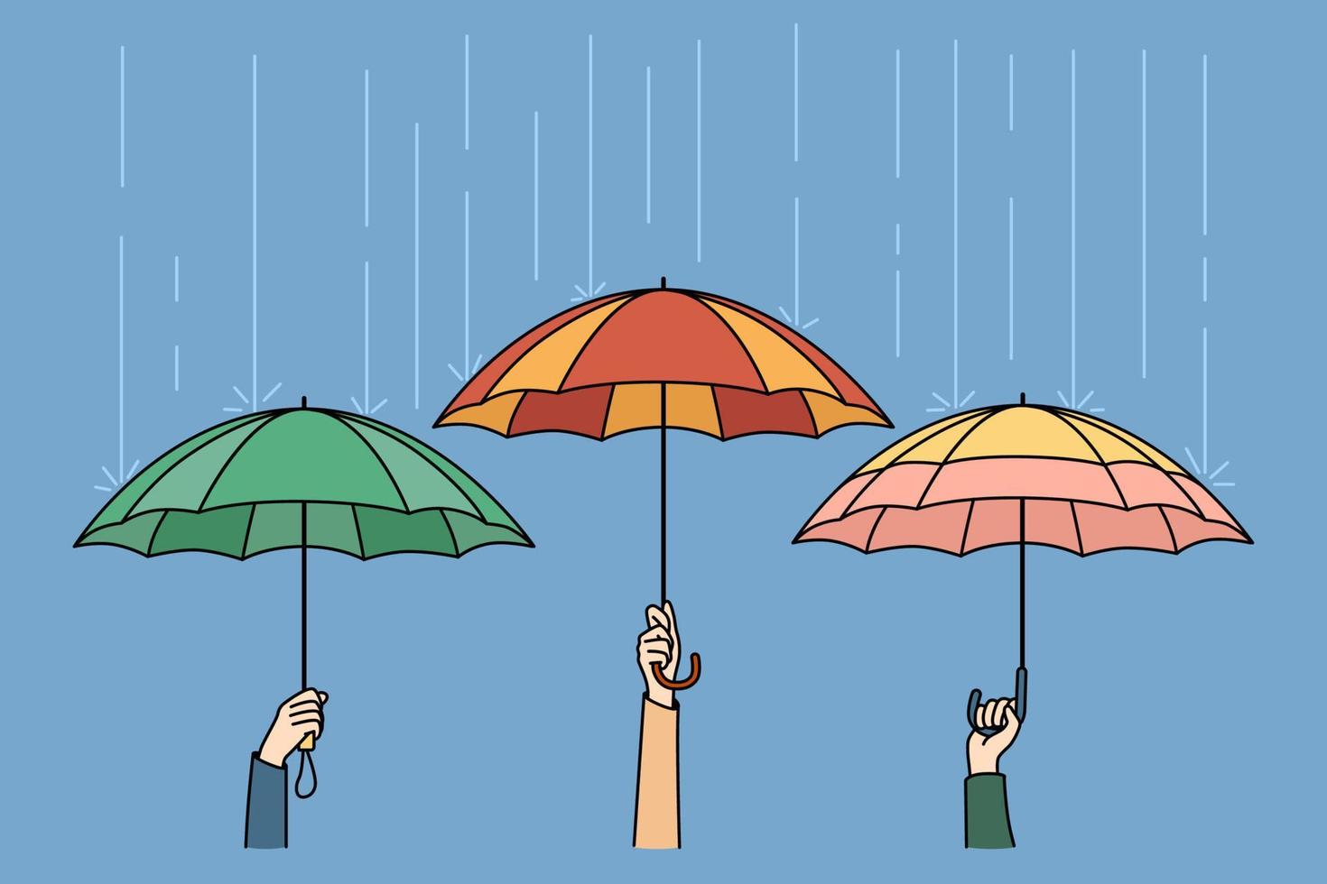 manos sosteniendo coloridos paraguas escondidos de la lluvia en la ciudad. gente afuera en clima lluvioso. concepto de tormenta y seguridad. ilustración vectorial vector