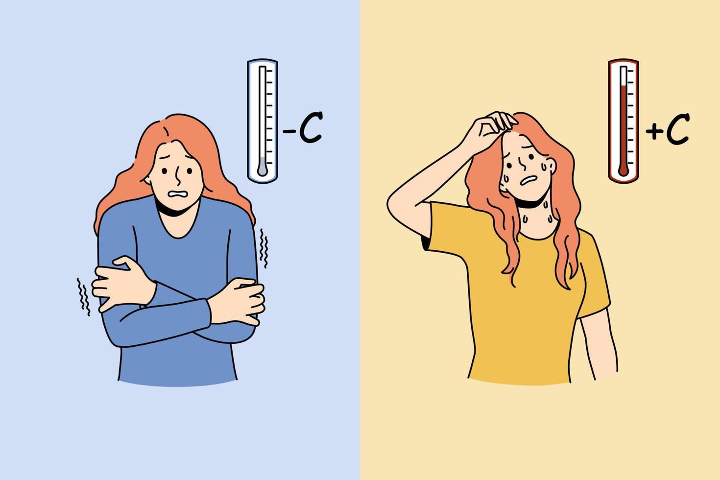 las mujeres jóvenes sufren de clima frío y caliente. infeliz niña enferma lucha con el cambio climático. problema de la temporada de invierno y verano. ilustración vectorial vector