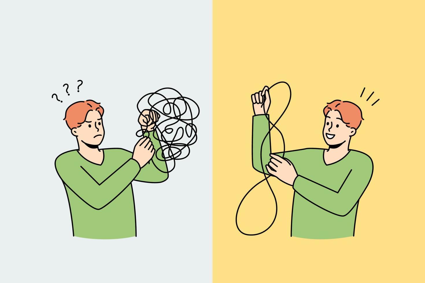Man untangle puzzle find answers to mental problems. Unhappy and happy male after psychological session. Mind and stress relieve concept. Vector illustration.