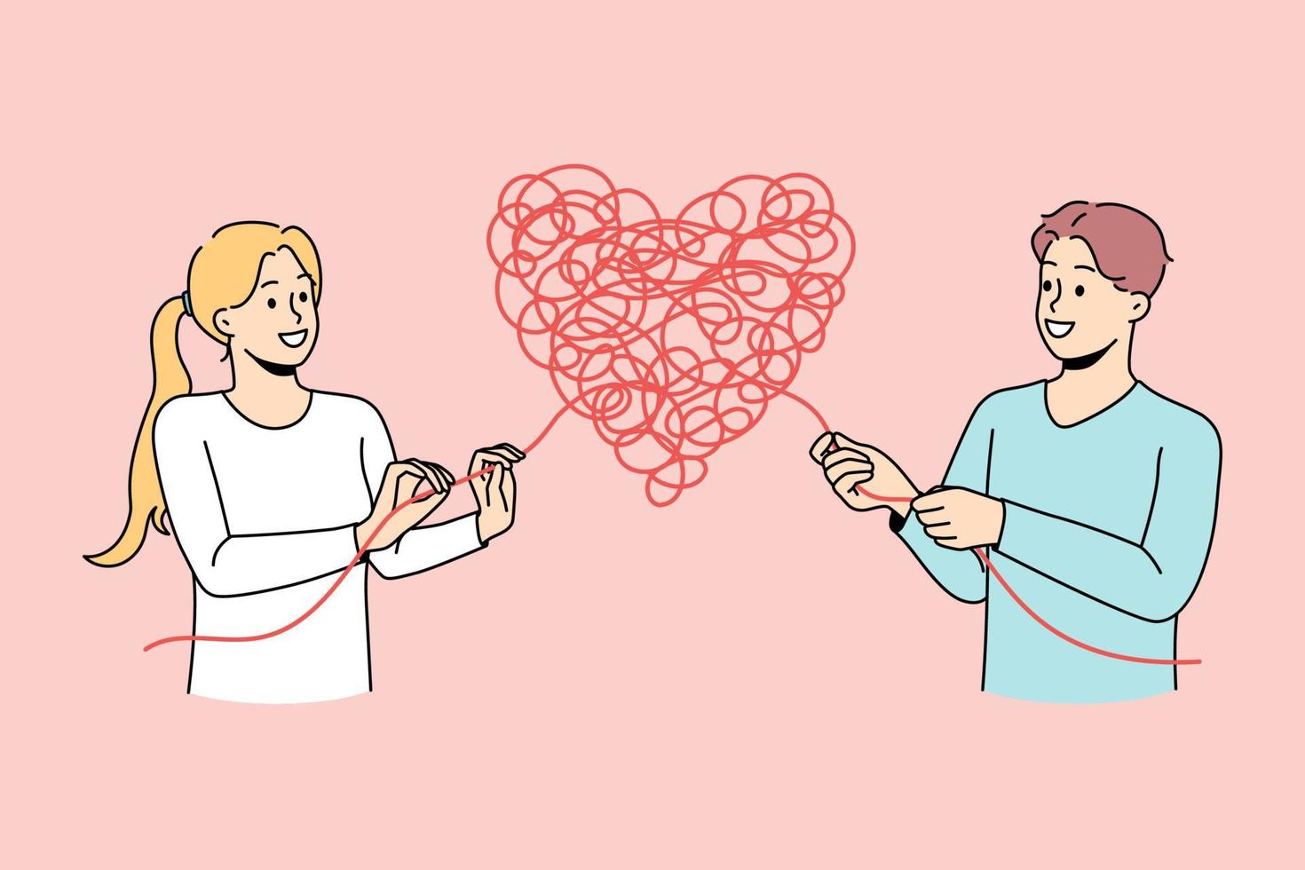 Man and woman untangle heart solve relationship problem. Couple find solution to relation trouble. Dating and feelings. Vector illustration.