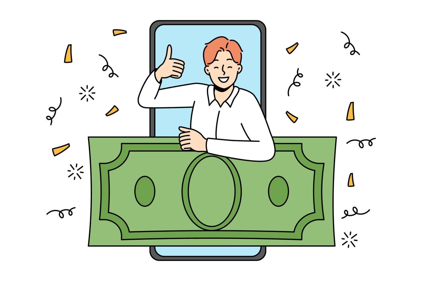 Overjoyed man on cellphone screen show thumb up excited with online money prize. Smiling male winner recommend internet lottery. Shopping bonus or reward. Vector illustration.