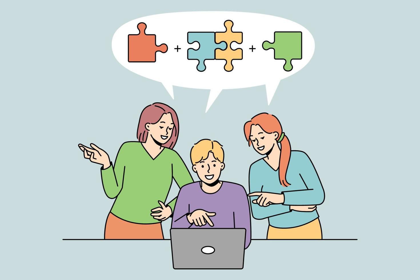 Diverse people working on computer together solving business problem. Team cooperate on laptop find solution brainstorm at meeting. Teamwork concept. Vector illustration.