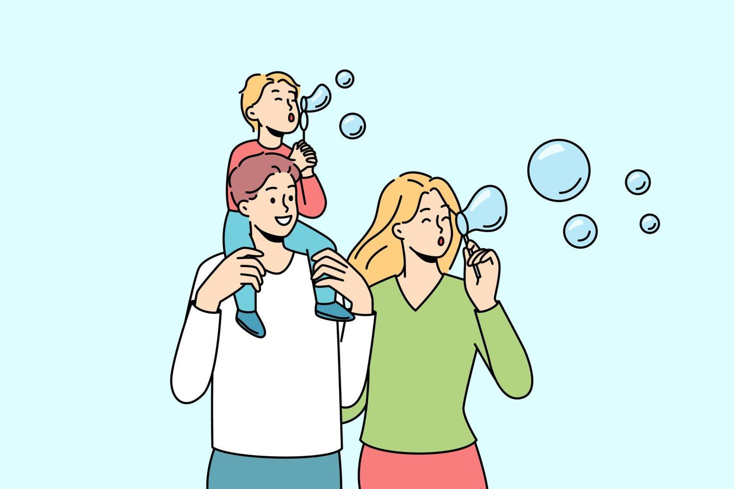 Happy parents with kid have fun together outdoors blowing bubbles. Smiling family with small child soap bubble blowing in park on weekend. Vector illustration.