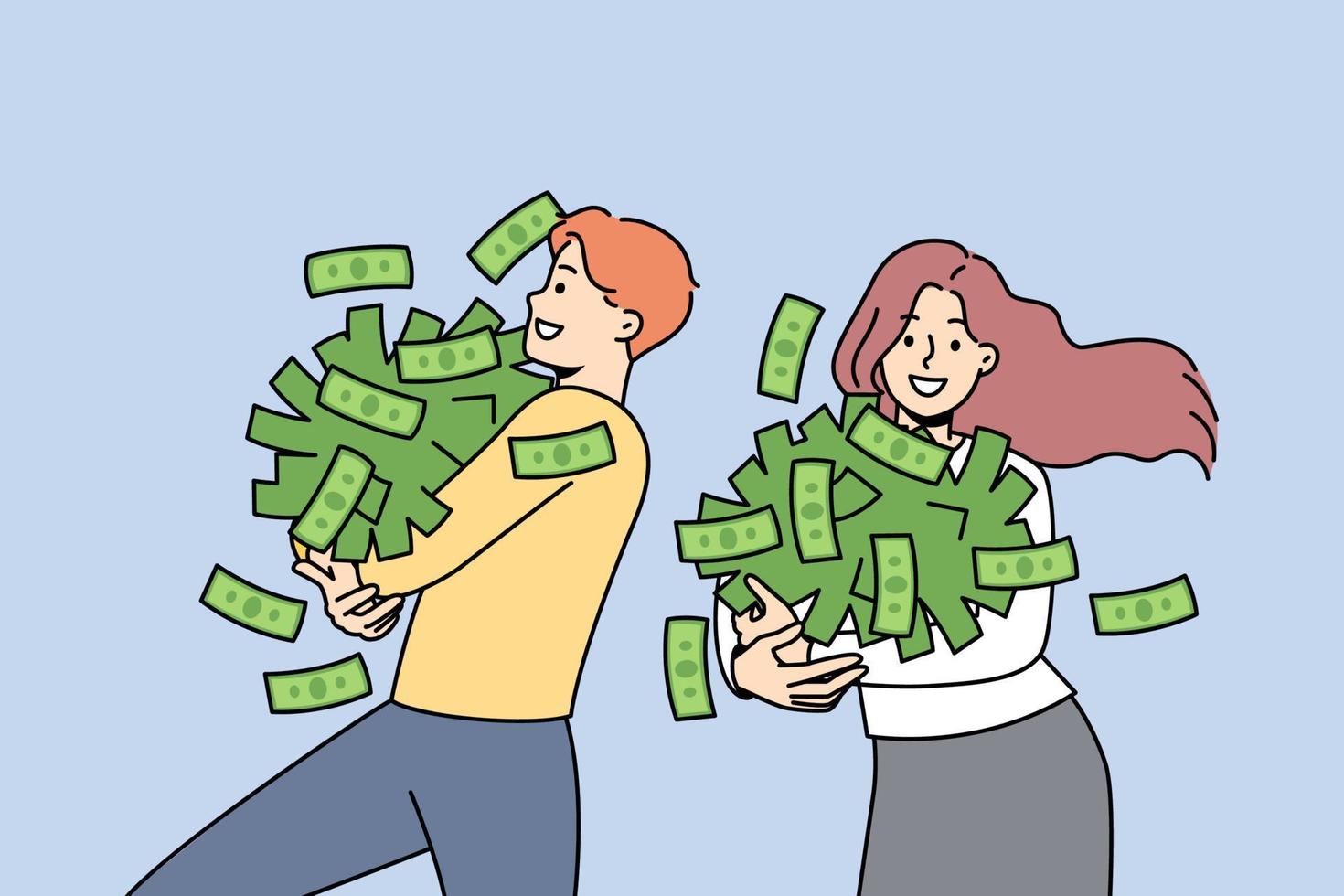 gente feliz con una pila de efectivo emocionada por ganar o ganar. un hombre y una mujer encantados con montones de dinero celebran la suerte de la lotería. riqueza y éxito. ilustración vectorial vector