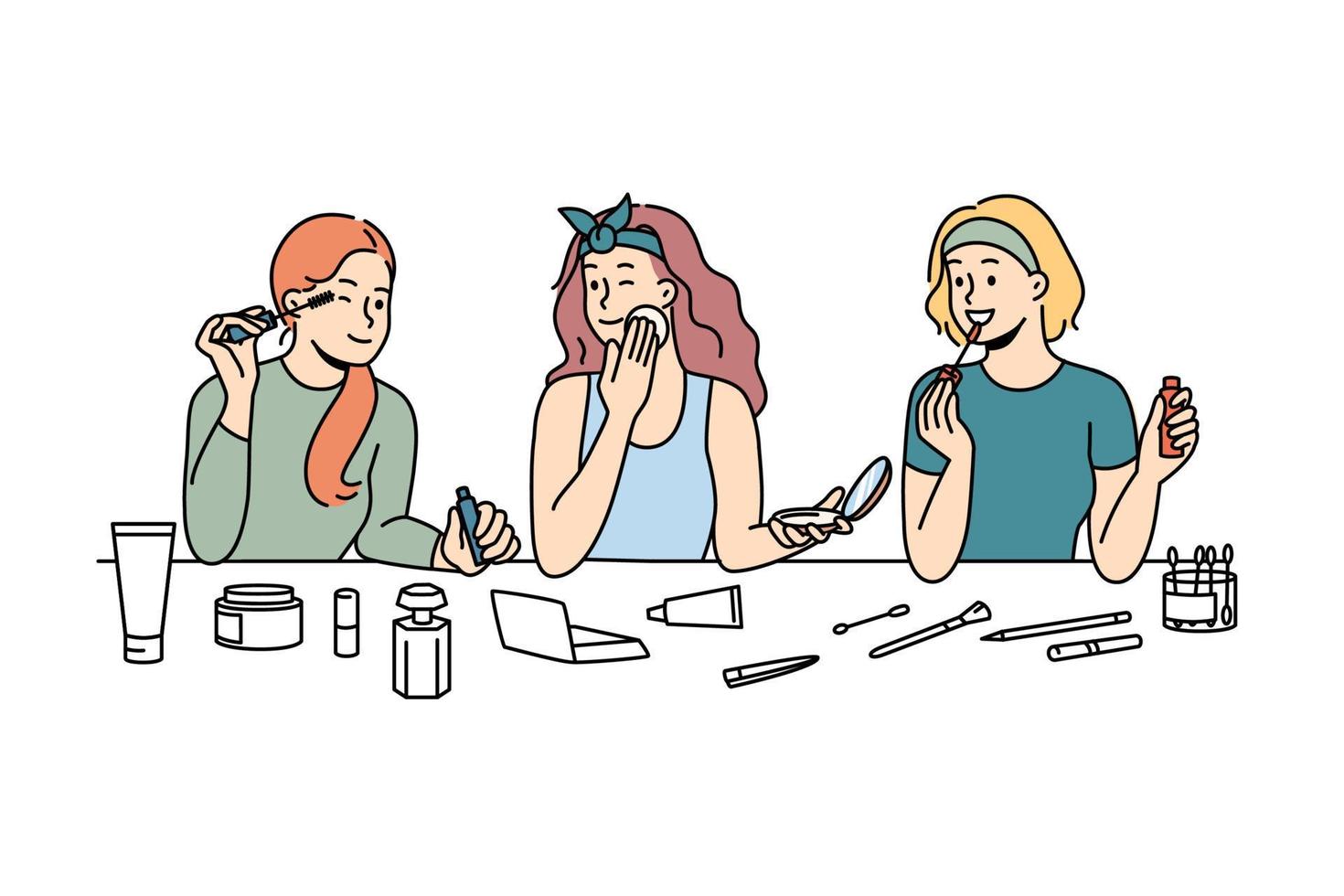 las chicas felices se divierten aplicando maquillaje disfrutando del día de la belleza juntas en casa. novias sonrientes hacen procedimientos cosméticos en el fin de semana de spa en el interior. ilustración vectorial vector