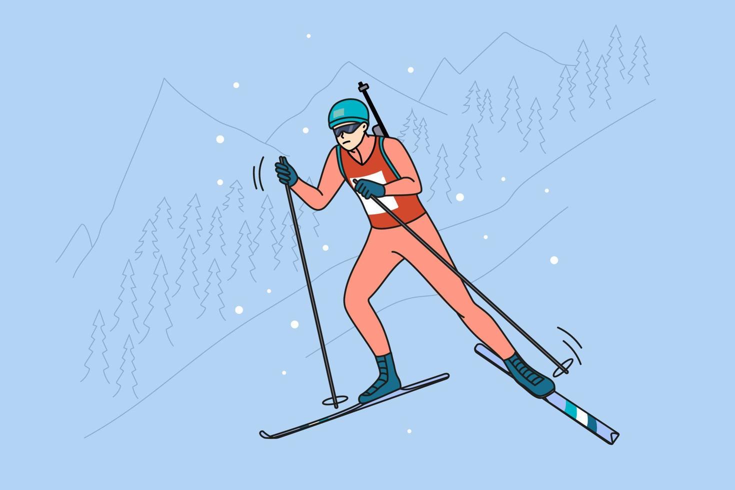 Man athlete in outerwear take part in biathlon competition in winter mountains. Sportsman ski participate in race. Sport and competition concept. Vector illustration.