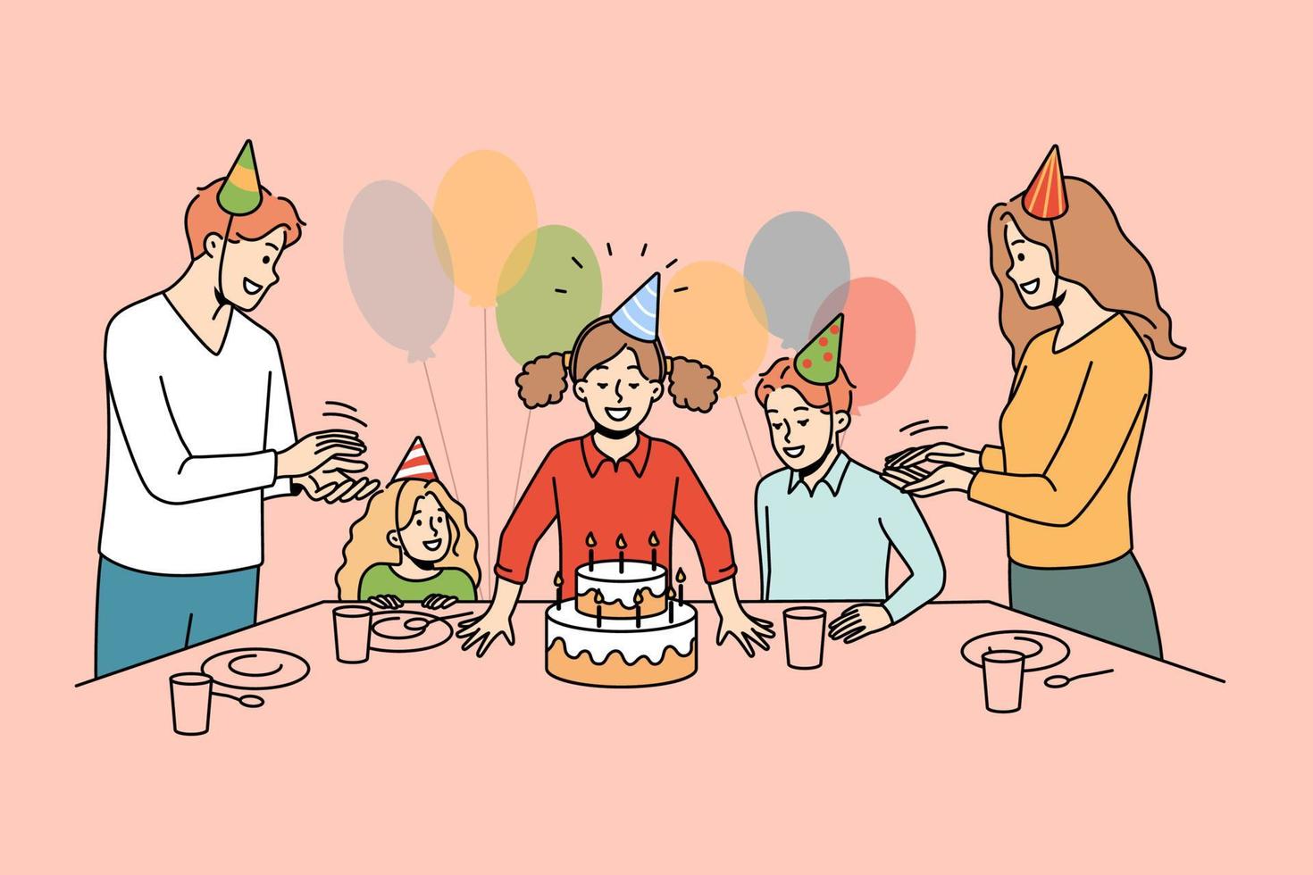 Happy family with children celebrate birthday blowing candles on cake. Excited kid with parents have fun on anniversary celebration. Vector illustration.