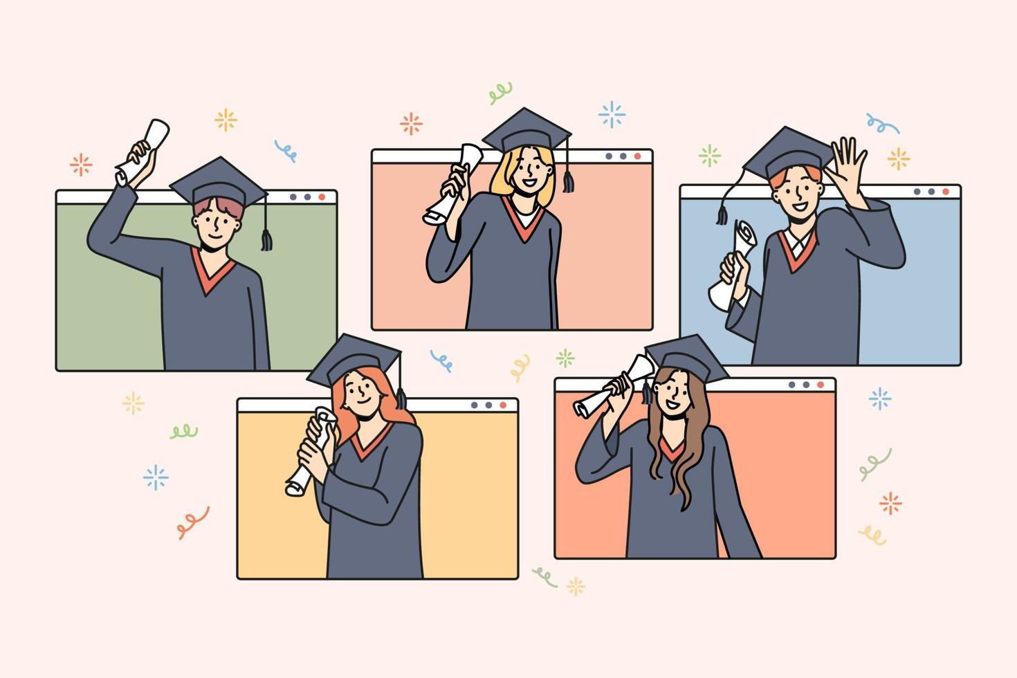 Happy students in mantles celebrate college graduation with online studying. Smiling graduates excited about university finish. Remote education concept. Vector illustration.