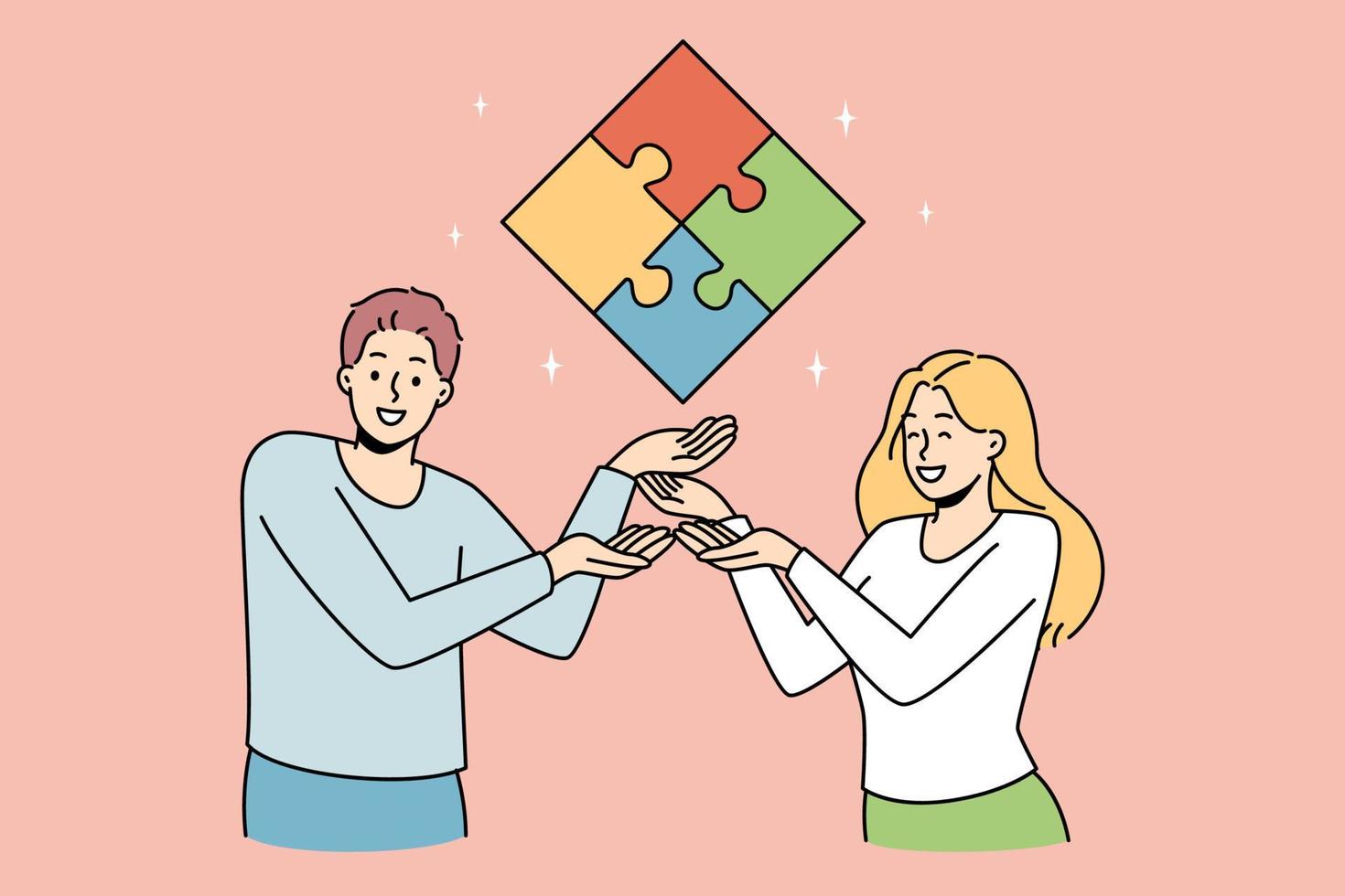 empresarios felices que muestran un rompecabezas que llega a una conclusión o solución comercial compartida. los colegas sonrientes resuelven el problema. trabajo en equipo y cooperación. ilustración vectorial vector