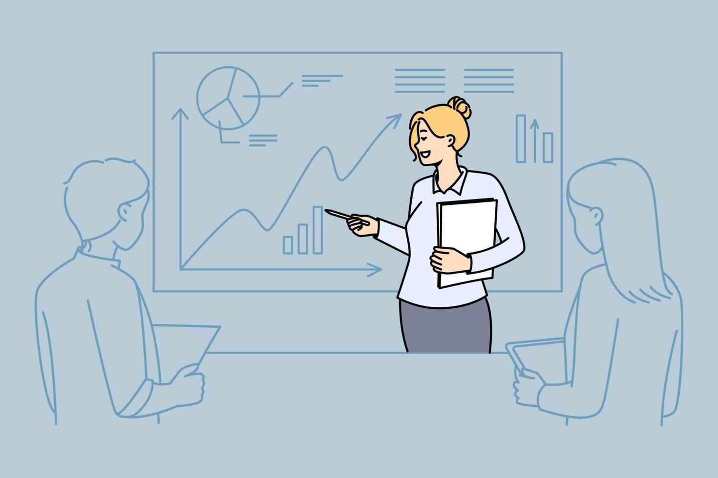 Female coach making business presentation for colleagues in office. Businesswoman presenting startup project on whiteboard at workplace. Vector illustration.