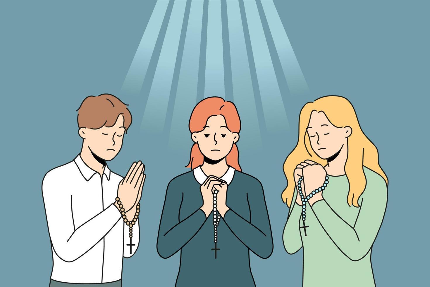 People with rosary praying to go asking for good fate. Religious superstitious believers show faith and belief. Religion and prayer. Vector illustration.