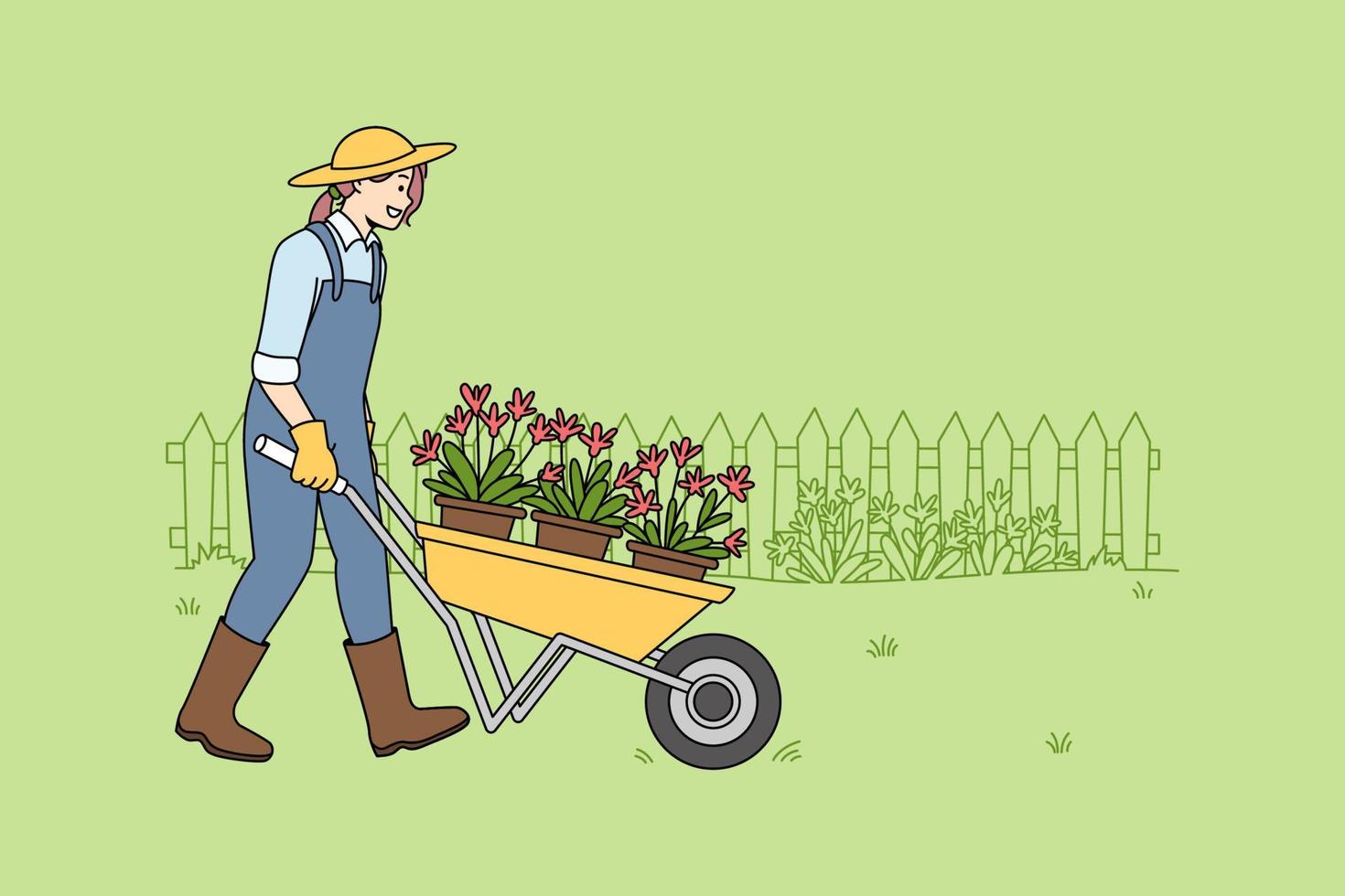 mujer feliz jardinero en uniforme con carro de ruedas haciendo trabajos al aire libre. sonriente mujer jardinería plantando flores afuera. concepto de medio ambiente y hobby. ilustración vectorial vector