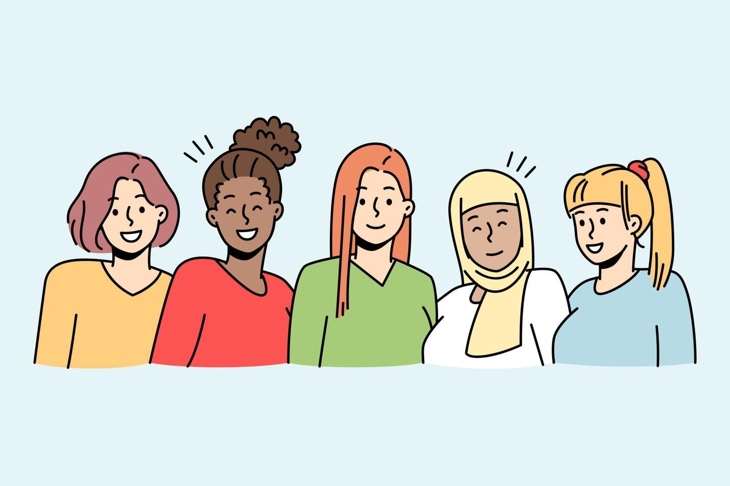 retrato de chicas diversas multiétnicas posando juntas. las mujeres interraciales sonrientes muestran unidad y amistad. ilustración vectorial vector