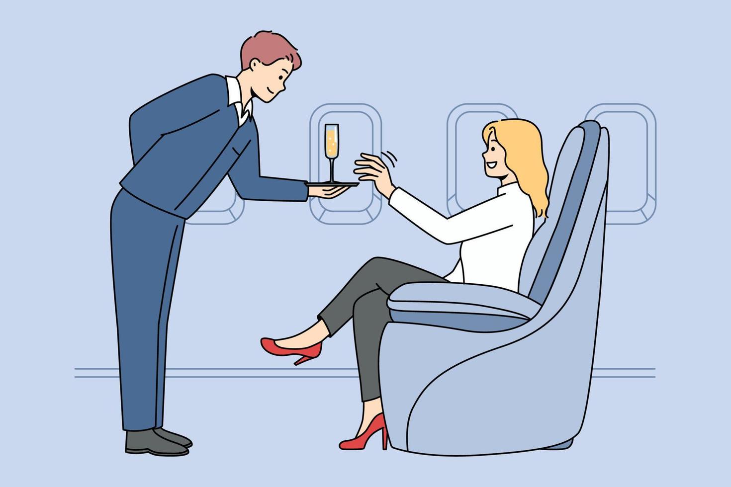 Woman get exceptional service in business class in plane. Rich female passenger get champagne on board in luxury first class airplane. Vector illustration.