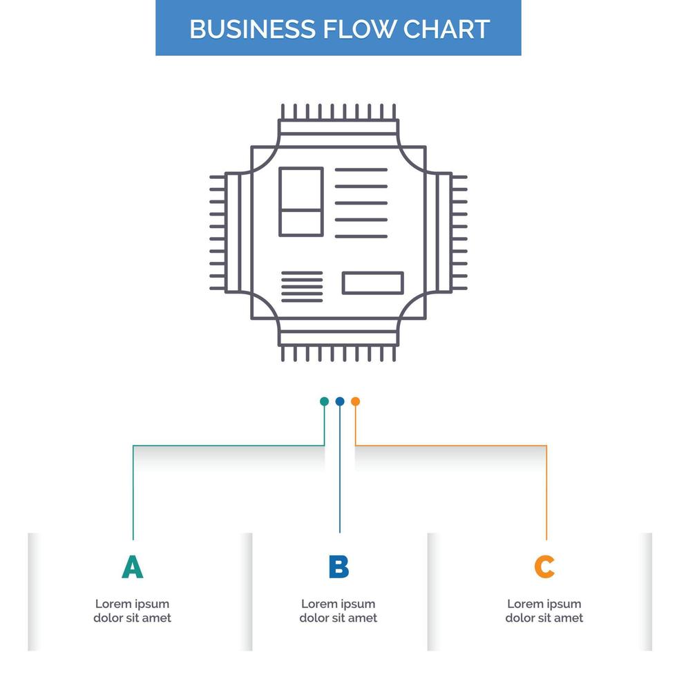 Chip. cpu. microchip. processor. technology Business Flow Chart Design with 3 Steps. Line Icon For Presentation Background Template Place for text vector