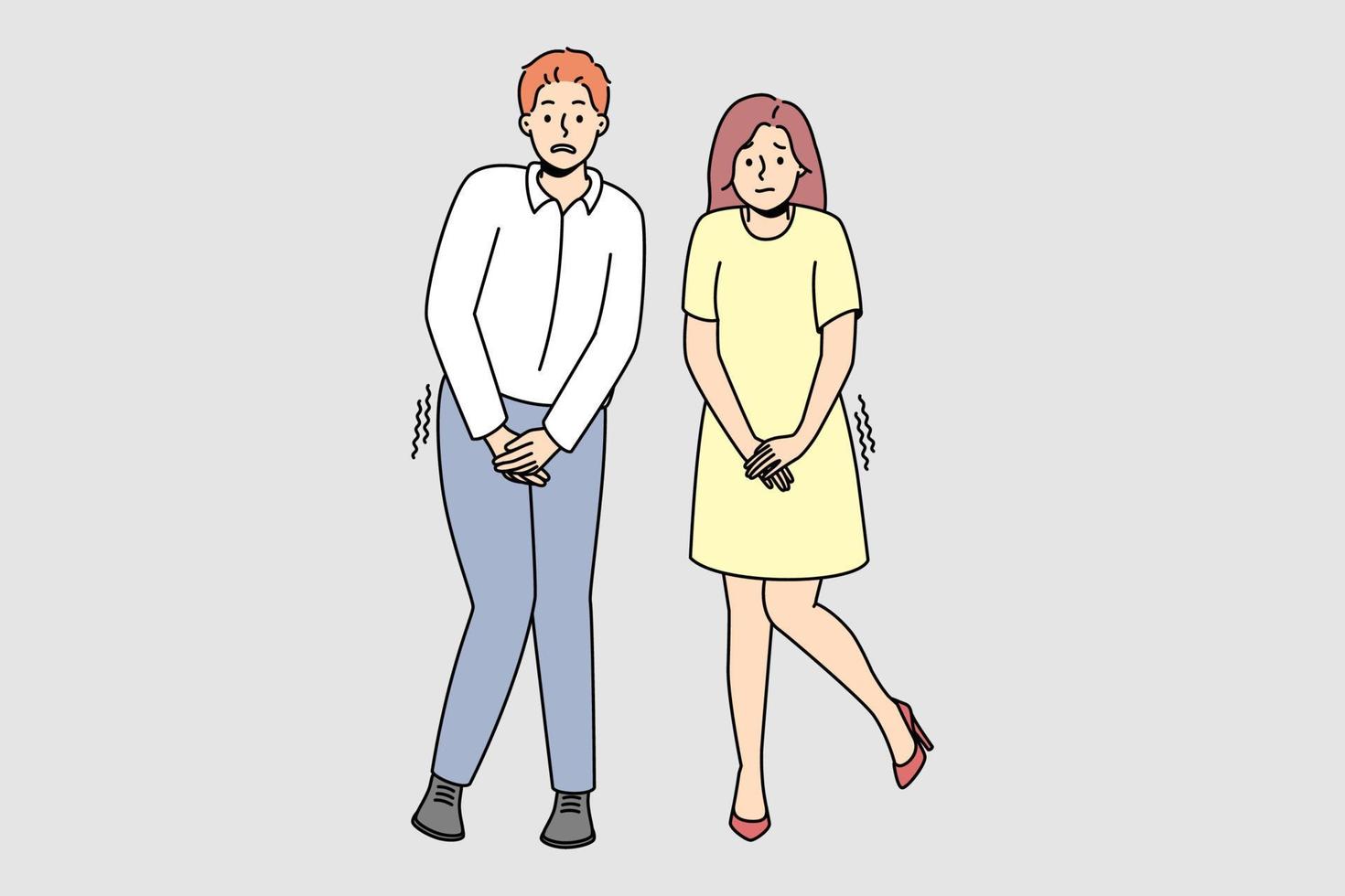 Man and woman want to pee. Couple suffer from urinary infection or health problem. Healthcare concept. Vector illustration.