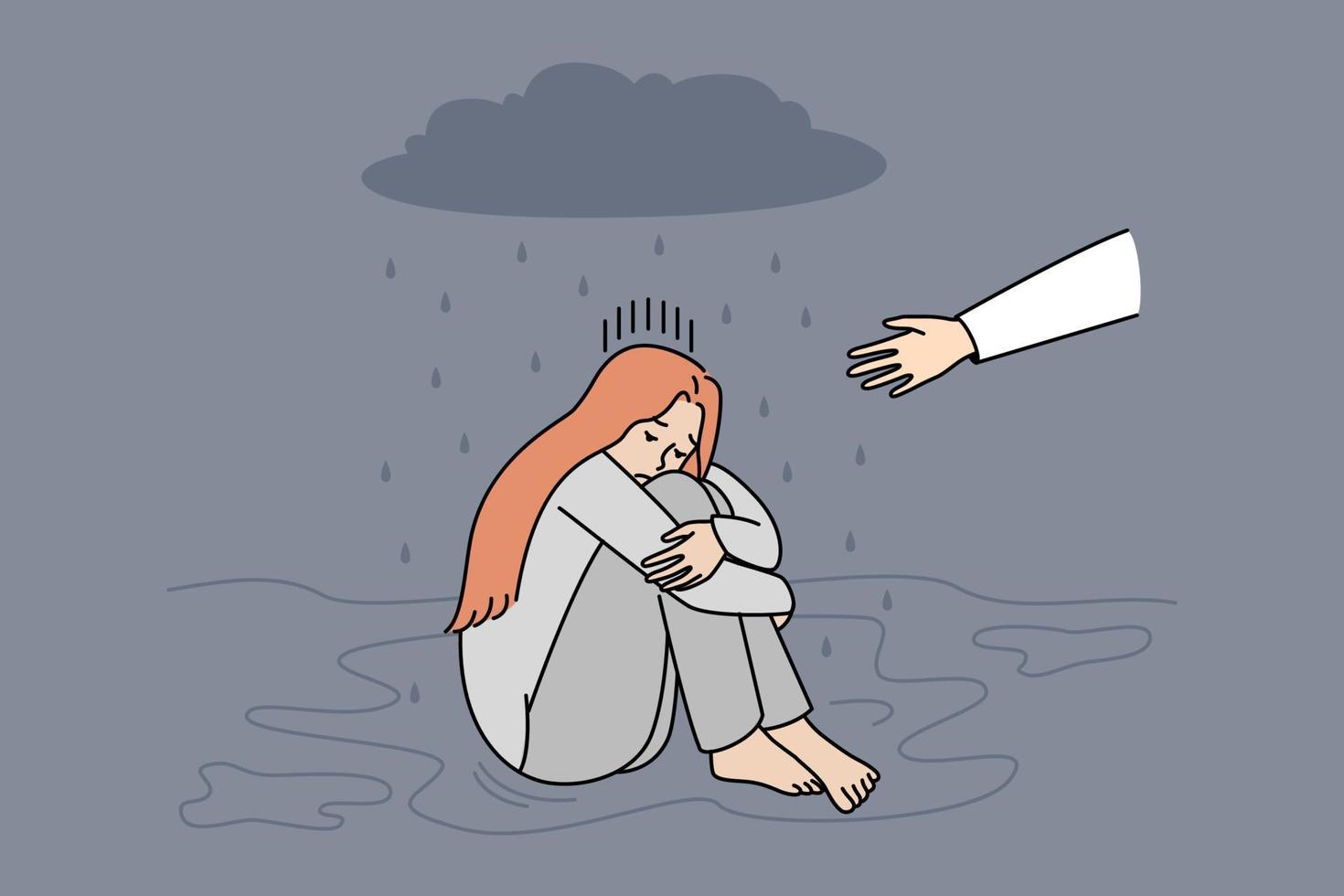 una chica infeliz sentada bajo una nube de lluvia ignora la mano que ayuda a dar apoyo. persona estirar mano rescatar mujer molesta en depresión. problemas mentales. ilustración vectorial vector