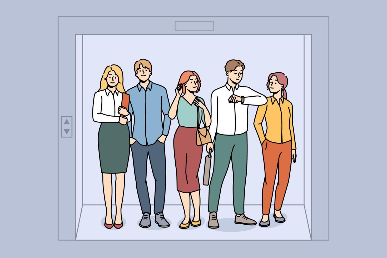 Businesspeople sanding in elevator together. Employees or colleagues team waiting in lift in office. Teamwork. Vector illustration.