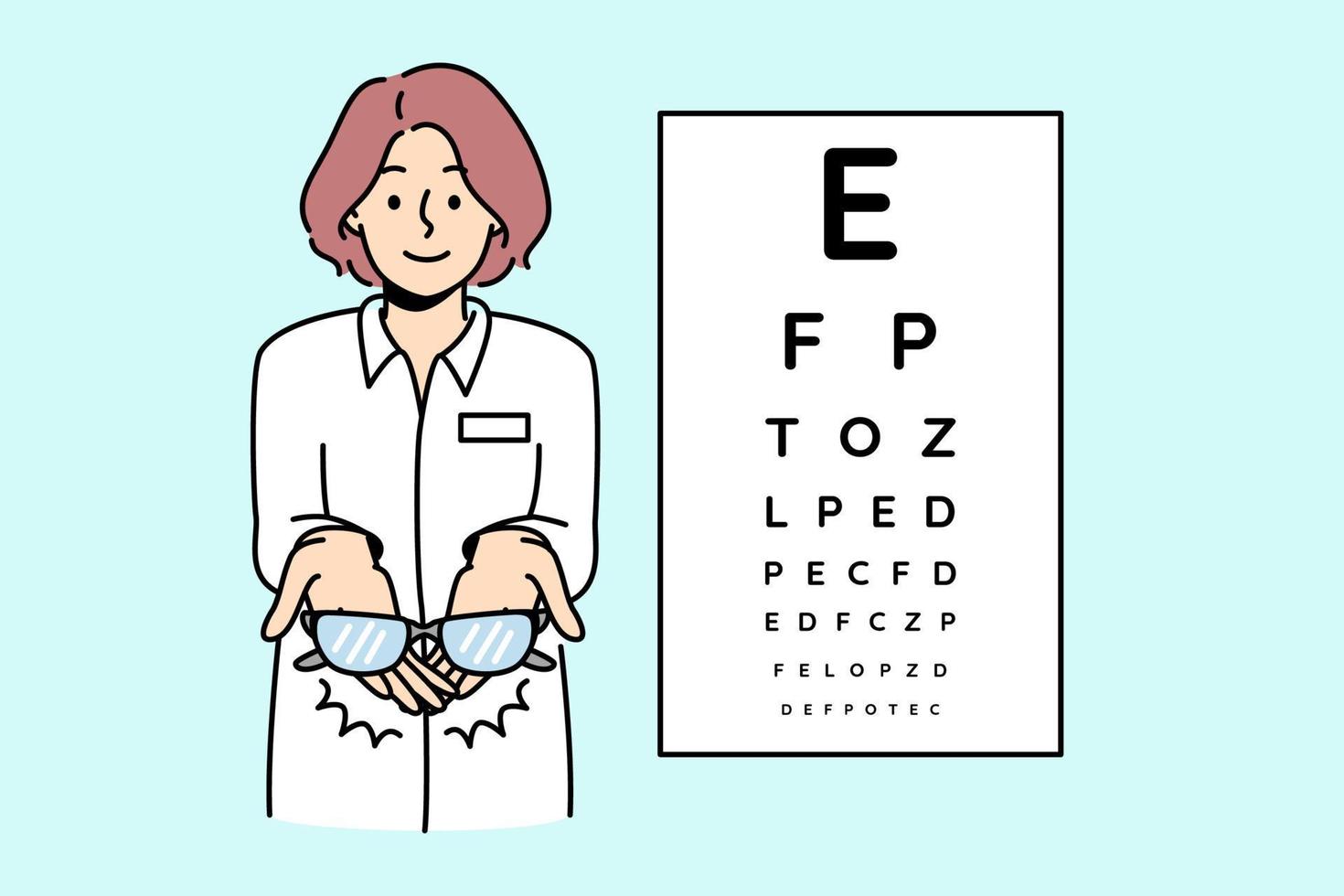 Female ophthalmologist holding glasses on background eye check chart. Eyesight checkup in ophthalmology clinic. Spectacles prescription. Vector illustration.