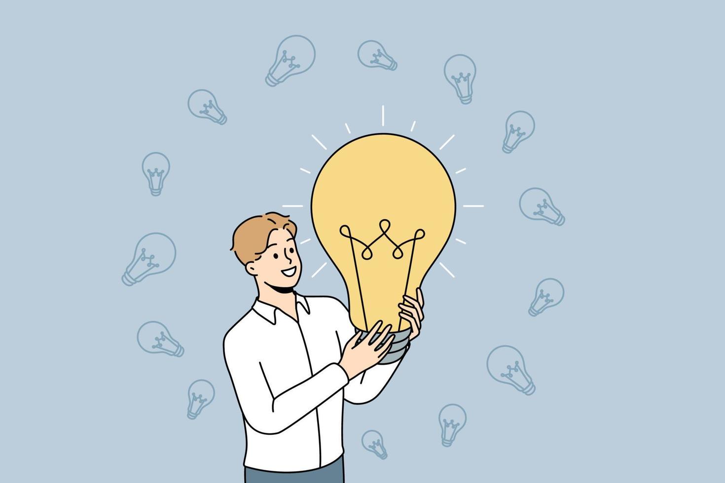 Happy businessman holding lightbulb excited about creative business idea. Smiling man employee generate innovative project. Innovation concept. Vector illustration.