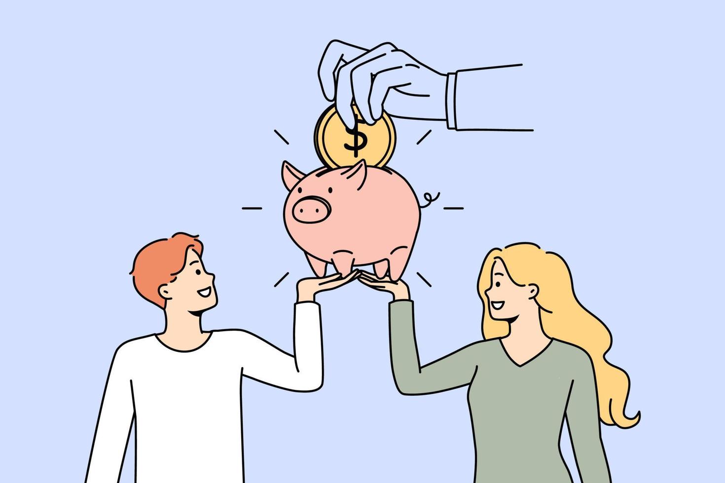 Couple saving money in piggy bank care about future investments. Young family manage finances in piggybank. Financial stability and banking. Vector illustration.