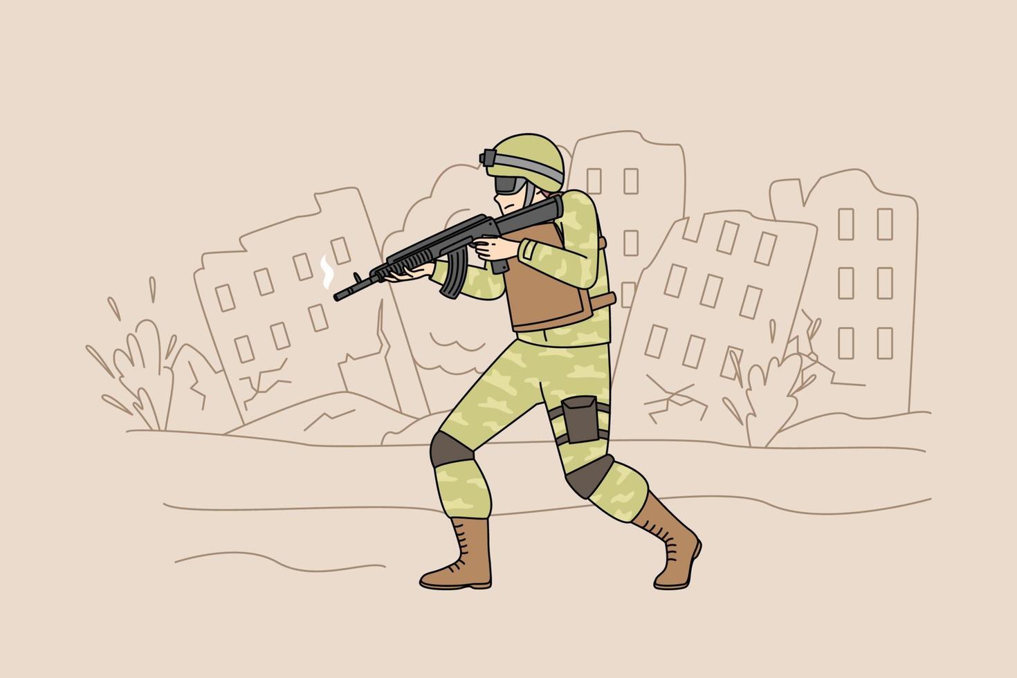 Soldier in uniform with gun walking destroyed city protecting land. Warrior on military service at war. Serviceman at front. Vector illustration.