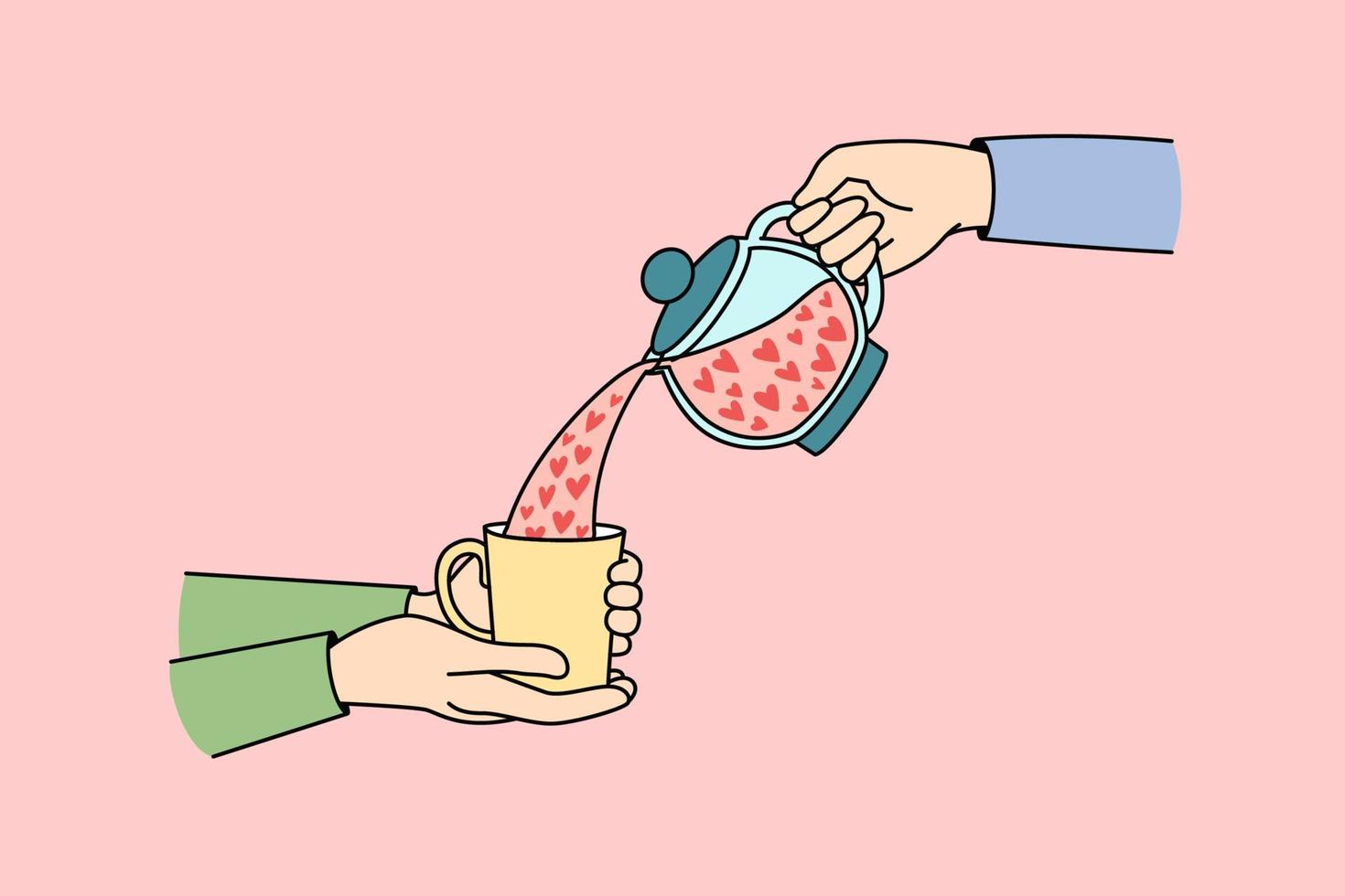 Pouring tea with hearts from teapot to cup. Concept of valentine day celebration and greeting. Love and relationships. Vector illustration.