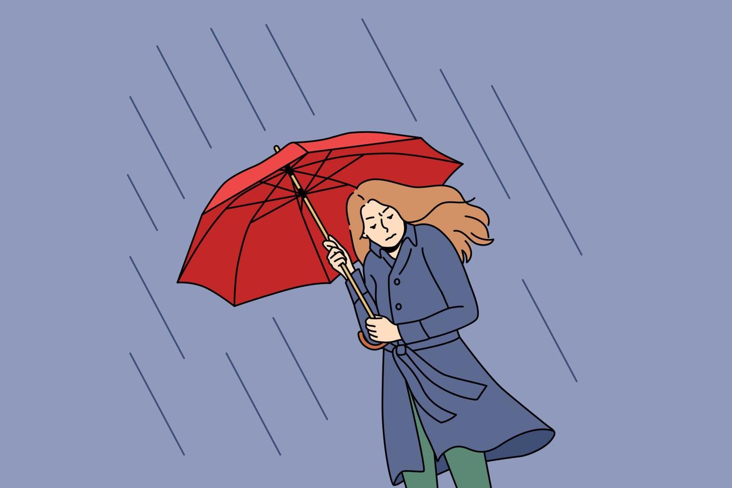 mujer joven infeliz que va bajo el paraguas en un día lluvioso. una chica estresada y molesta camina afuera con mal tiempo frío en tormentas y tormentas eléctricas. ilustración vectorial vector