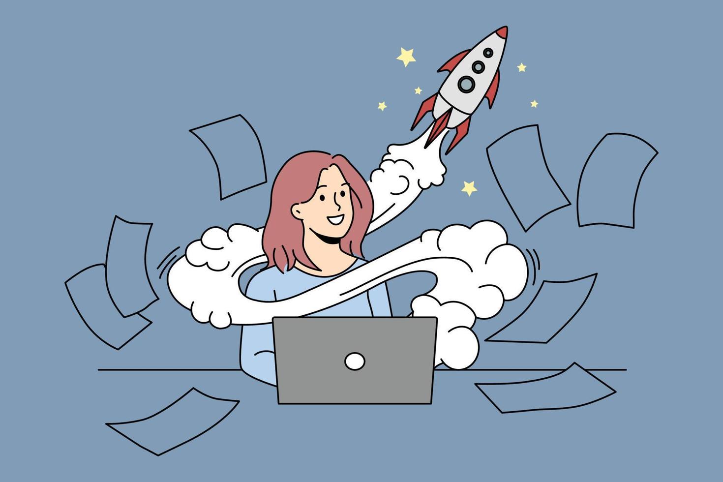 Motivated businesswoman working on computer launch startup. Smiling confident woman busy on laptop, rocket above head as innovative business idea. Vector illustration.