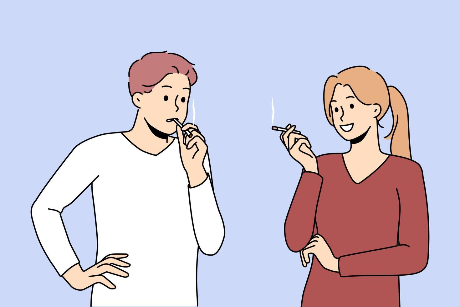 la pareja de fumadores hablando sufre de adicción a la nicotina. gente con cigarrillos fumando afuera. mala costumbre y cuidado de la salud. ilustración vectorial vector