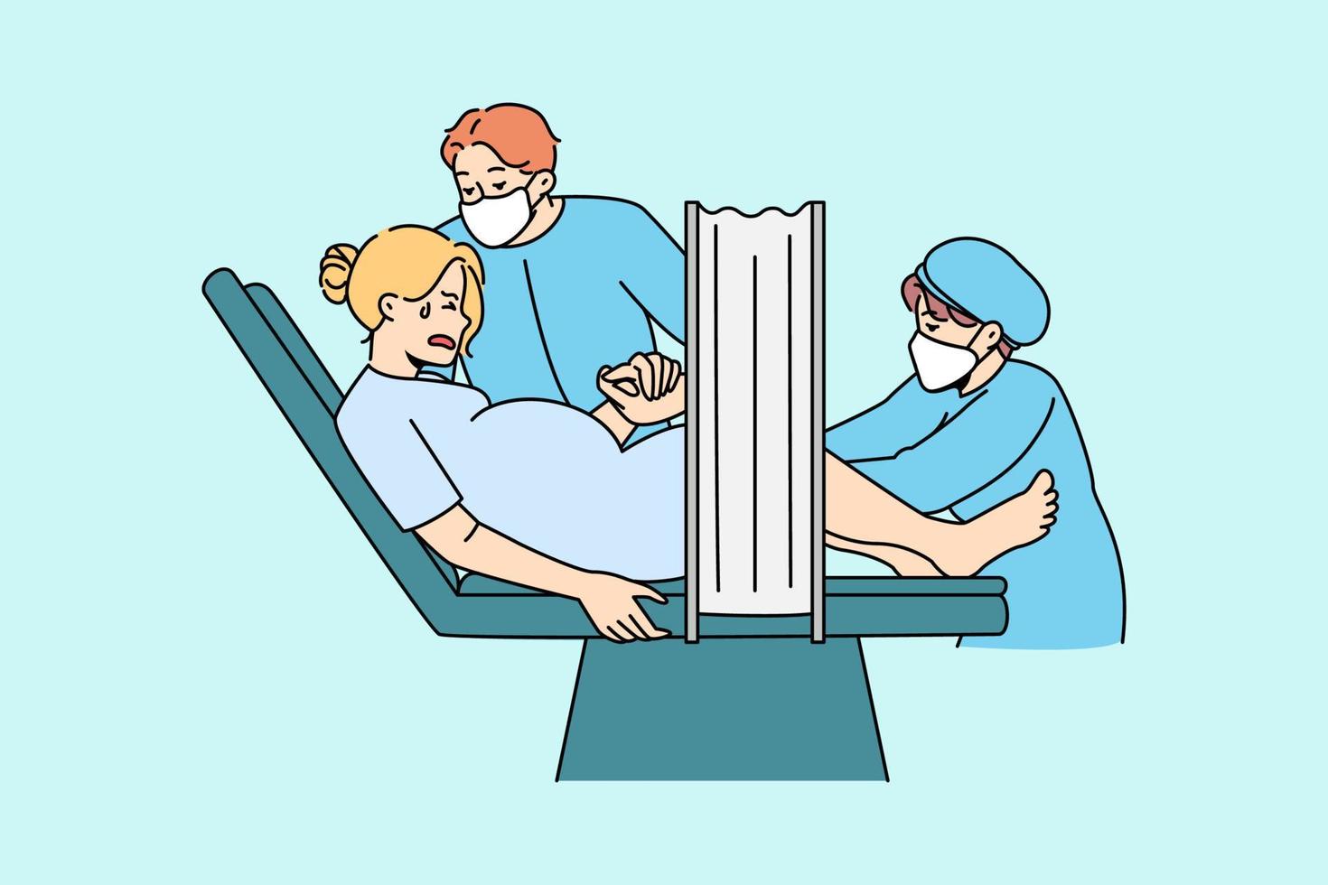Pregnant woman give birth to baby in hospital. Female in labor in clinic. Childbirth and motherhood. C-section surgery. Pregnancy concept. Vector illustration.