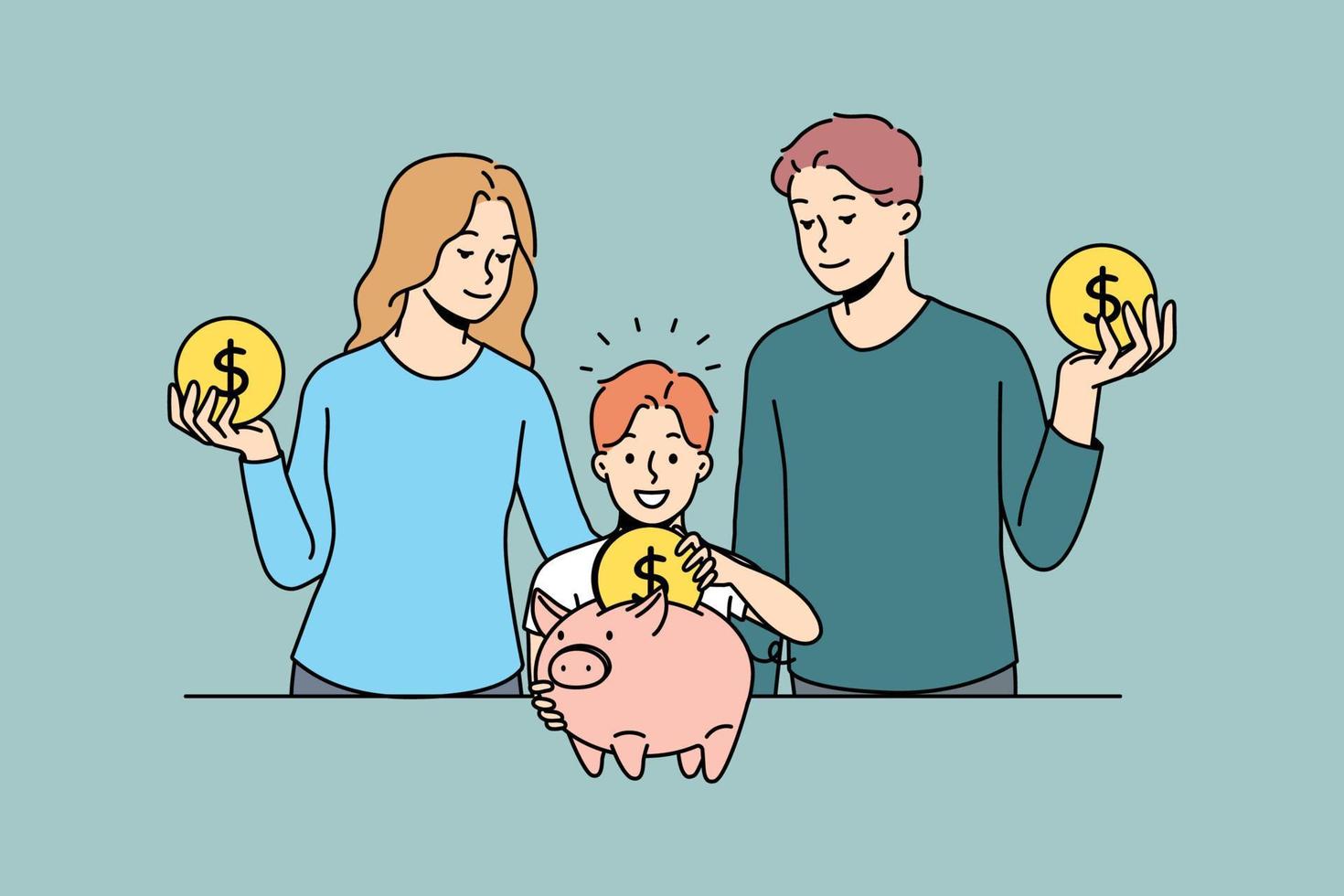 Smiling young family with child put coin into piggybank. Happy parents and small kid invest money for future. Saving and finance stability. Vector illustration.