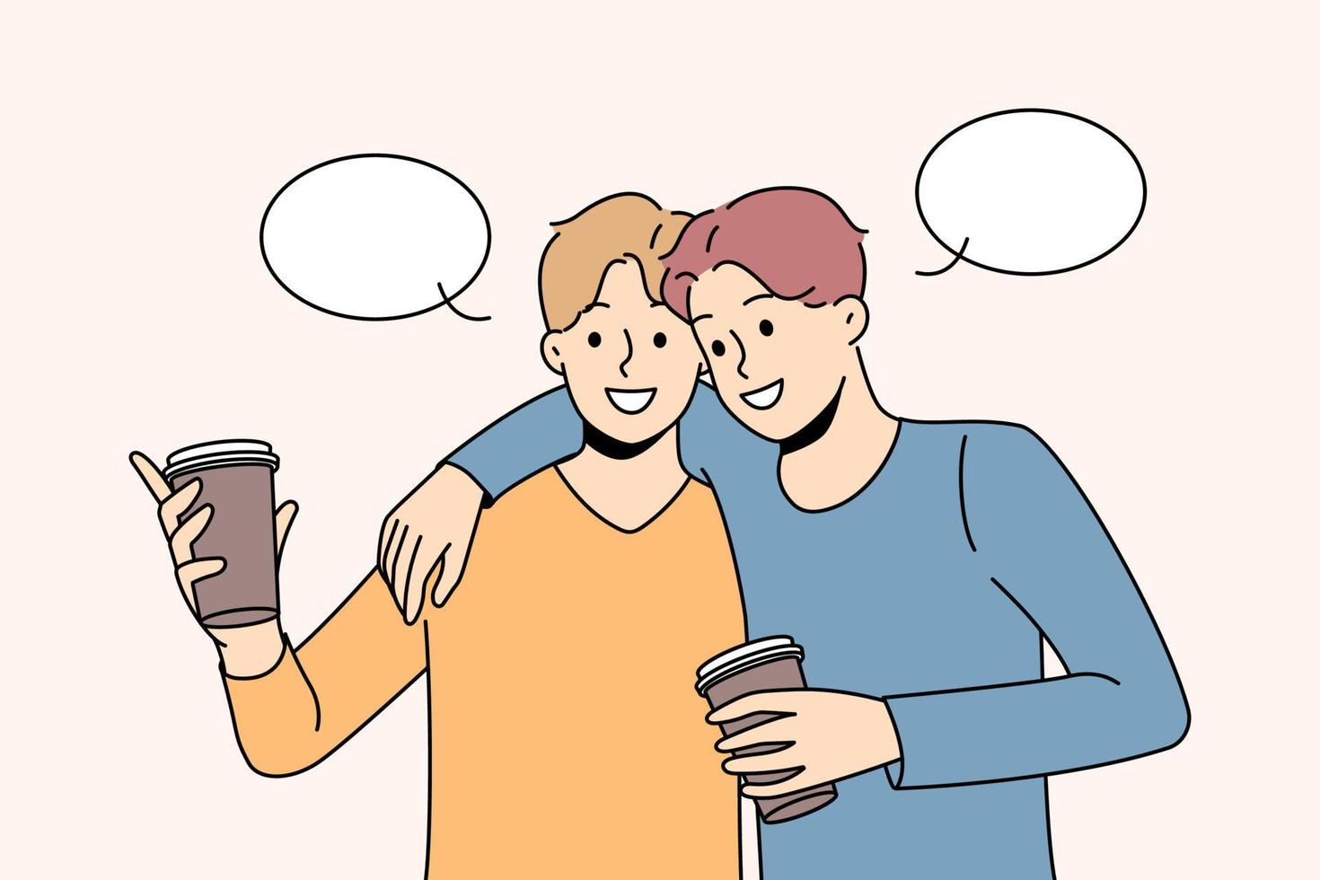 Happy male friends hugging drinking coffee. Smiling guy embrace have fun enjoy takeaway beverage. Friendship and unity. Vector illustration.