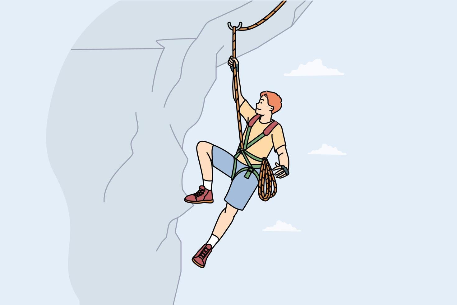 Man climbing mountain with special equipment. Male climber hanging on cliff. Mountaineer and extreme sport concept. Vector illustration.